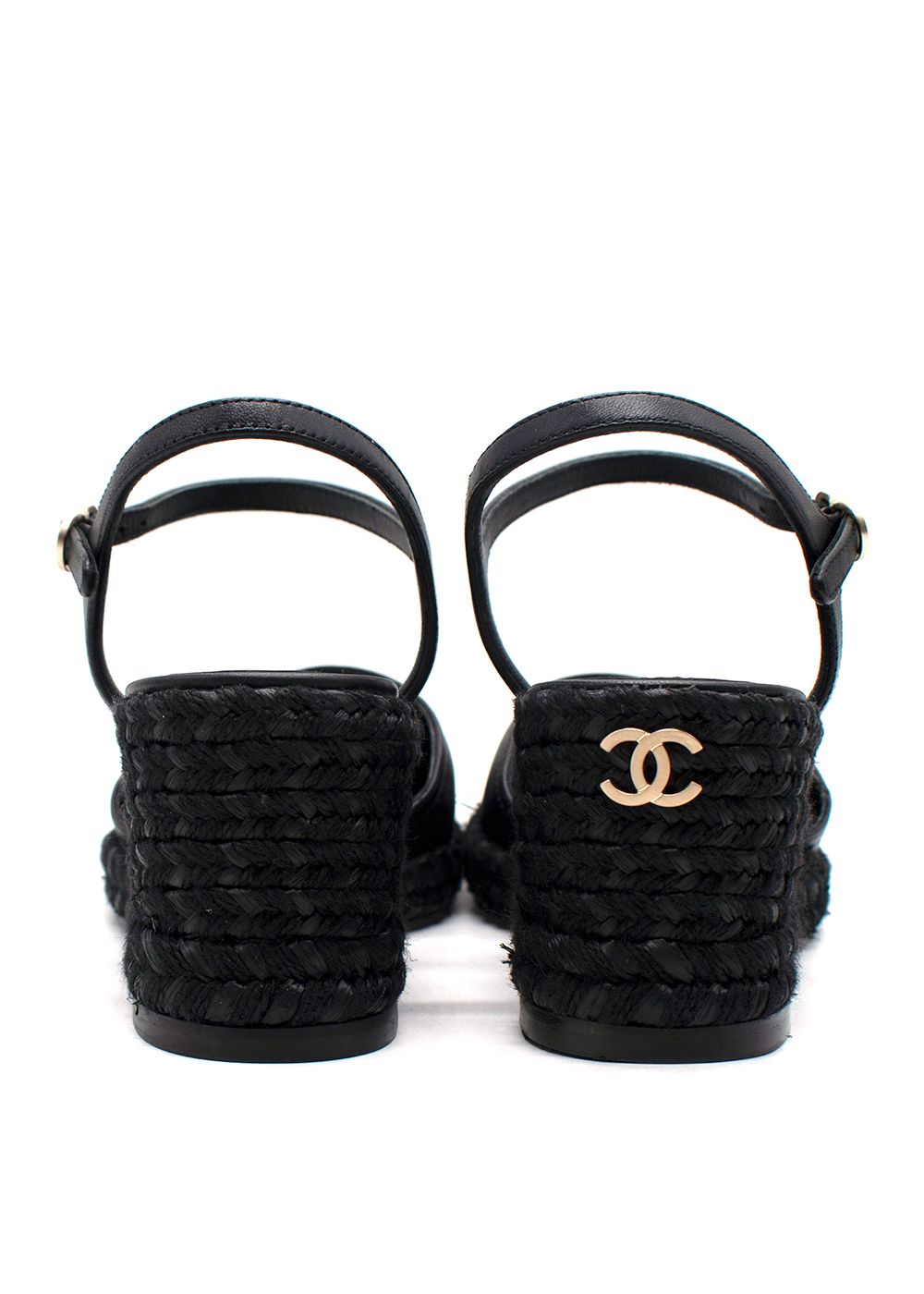 Preowned Chanel Black Leather and Raffia Wedges Size 37 leather/platform-/raffia