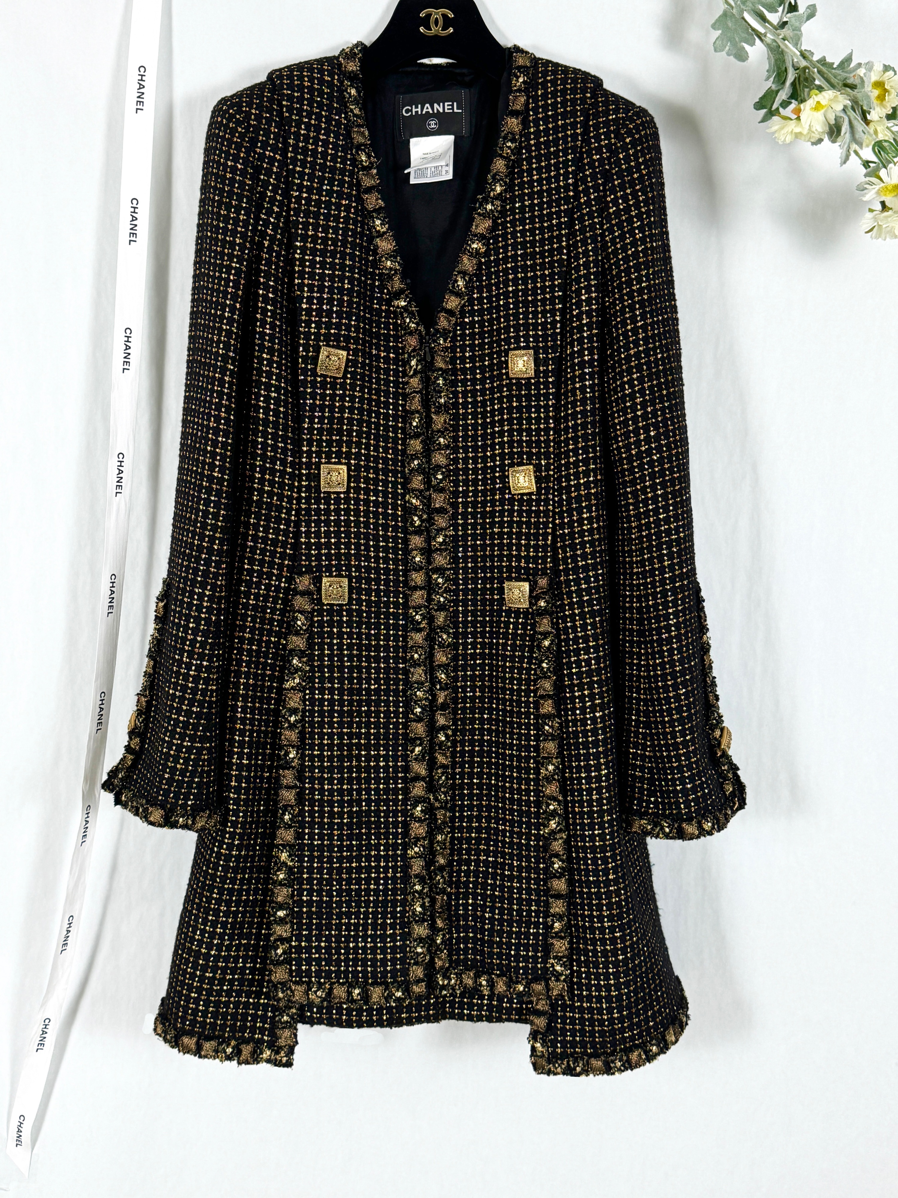 Chanel Paris/Byzance Collection Gold and Black Tweed Coat Size M