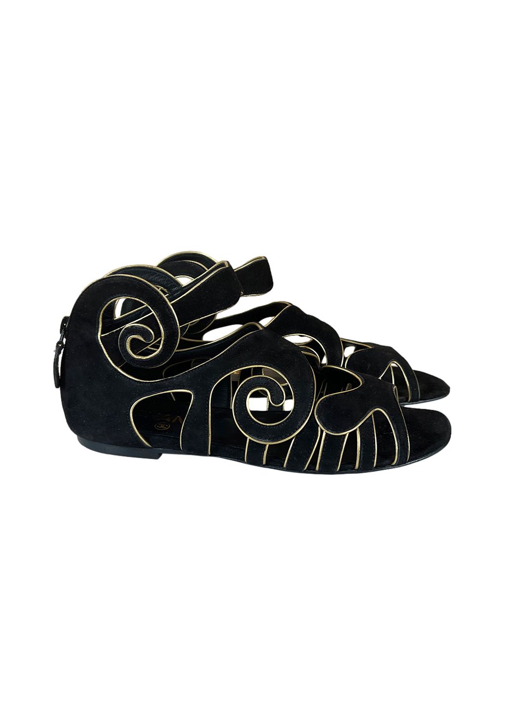 Preowned Chanel Black  Gold Suede Sculpted Sandals Size 37.5 leather