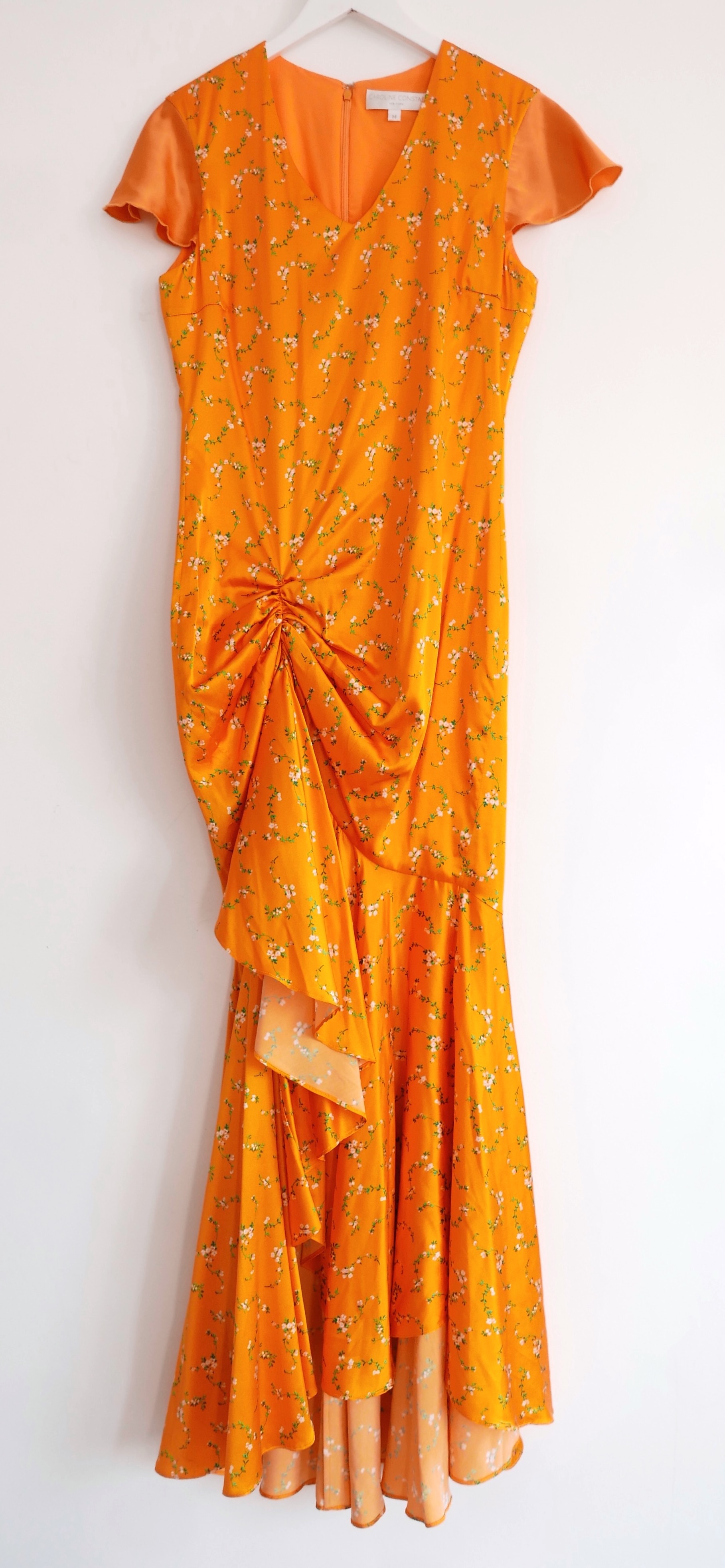 Caroline Constas Orange Floral Silk Midi Dress Size M