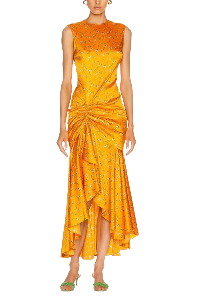 Caroline Constas Orange Floral Silk Midi Dress Size M