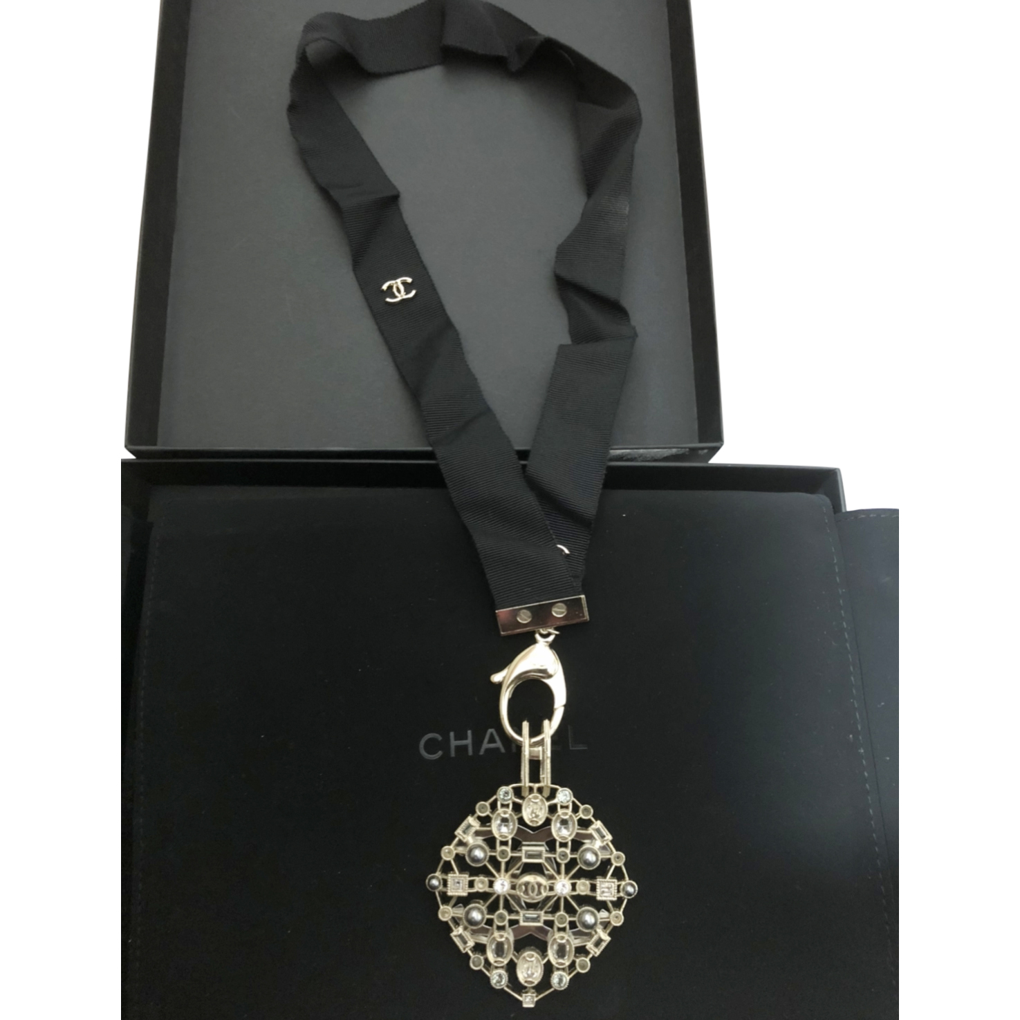 Chanel Crystal Embellished Detachable Pendant Ribbon Necklace Black metal