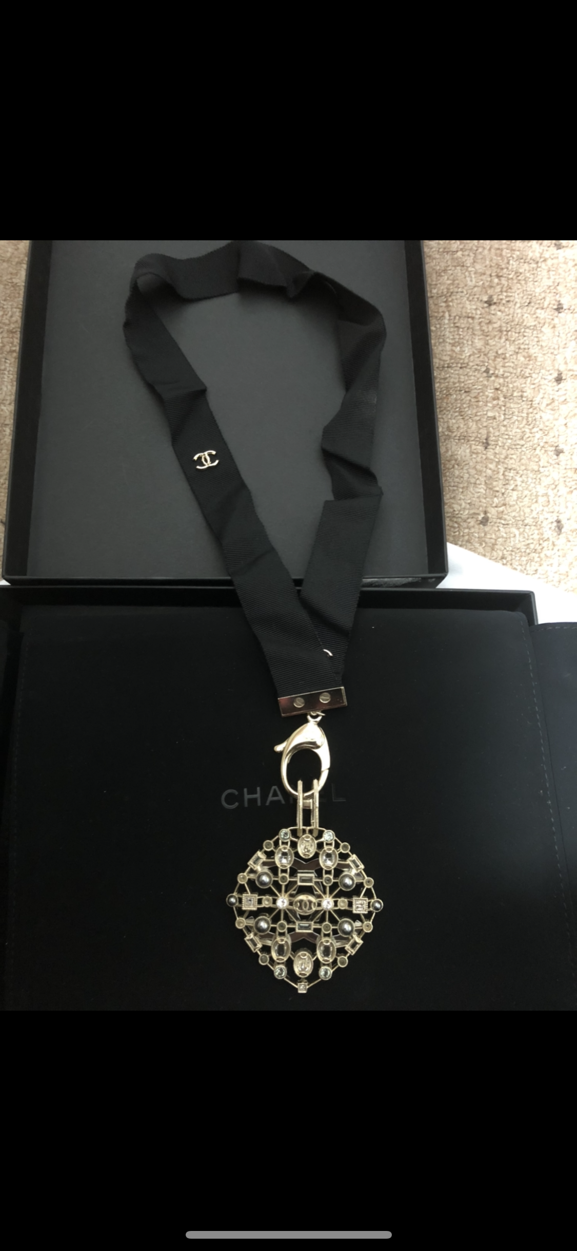 Chanel Crystal Embellished Detachable Pendant Ribbon Necklace Black metal