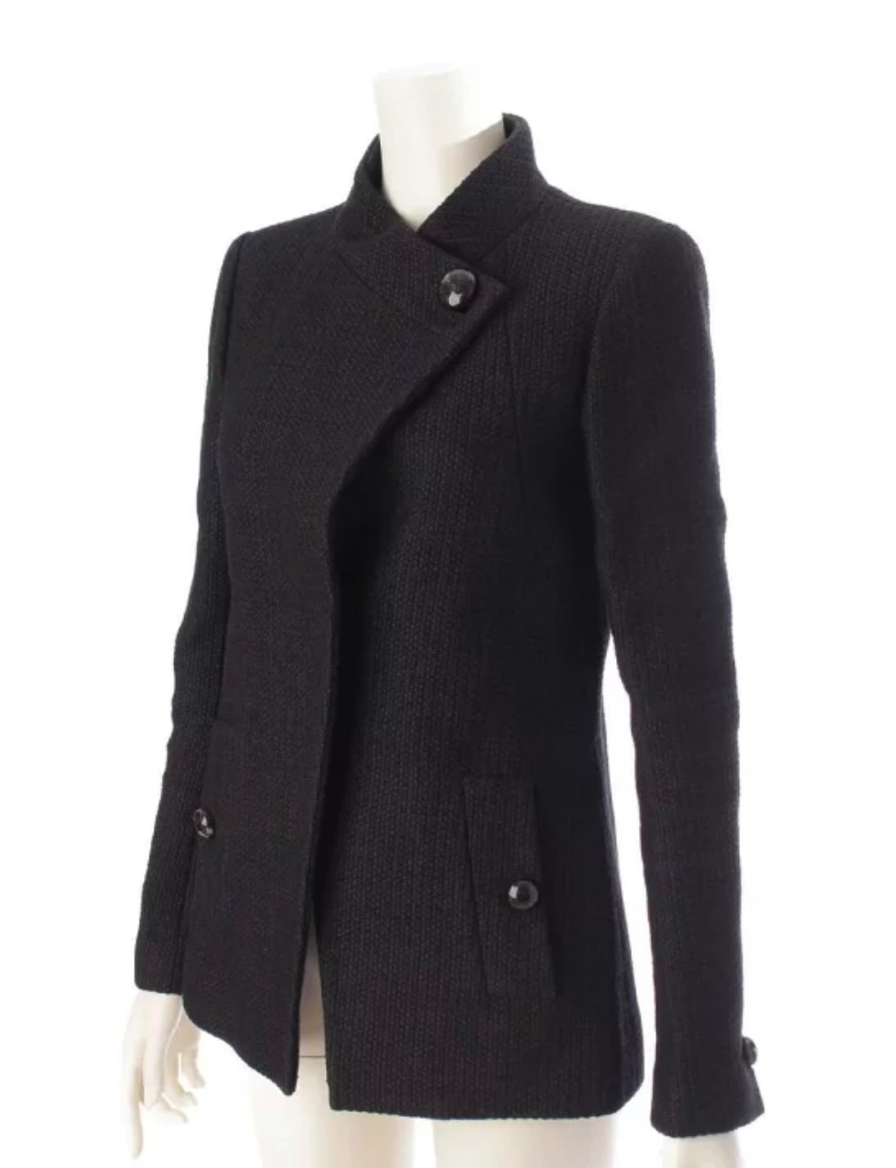 Preowned Chanel Black Tweed Jacket with Pearl Button Detail Size S