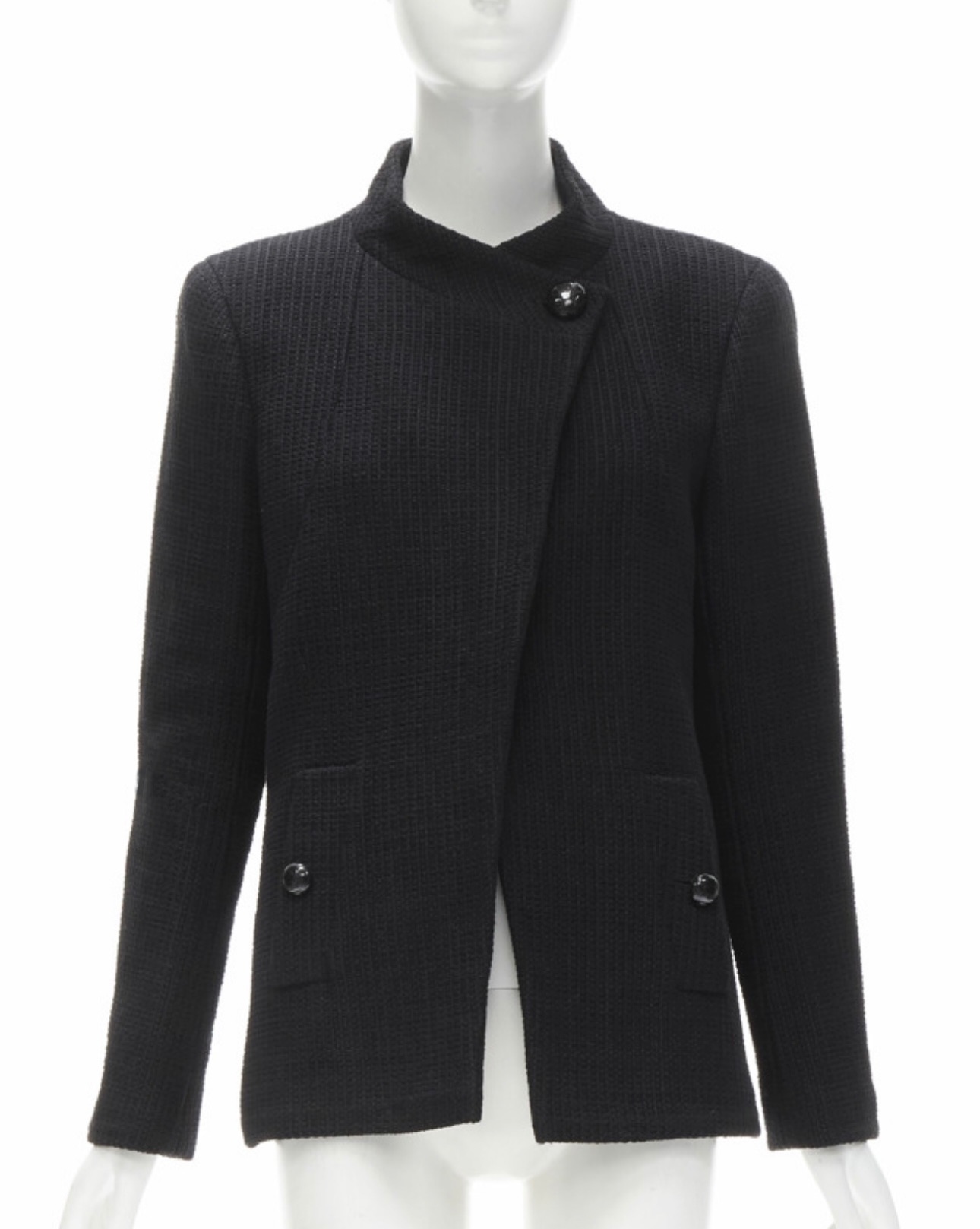 Preowned Chanel Black Tweed Jacket with Pearl Button Detail Size S