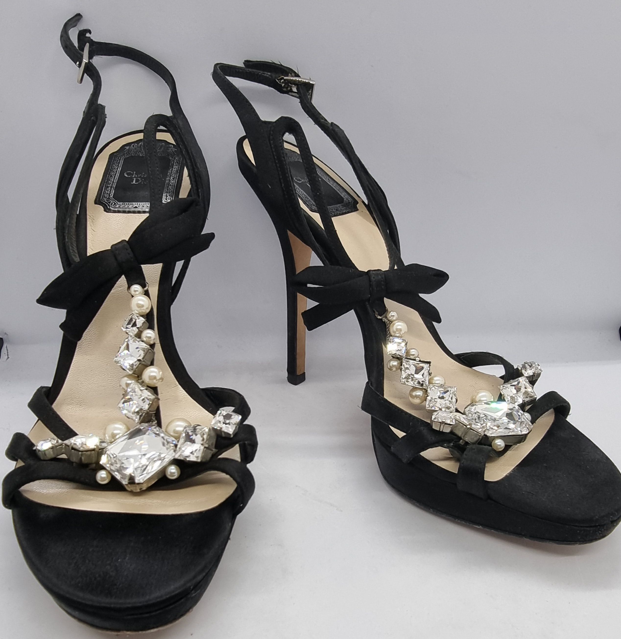 Preowned Dior Crystal Embellished Black Satin Sandals Size 39