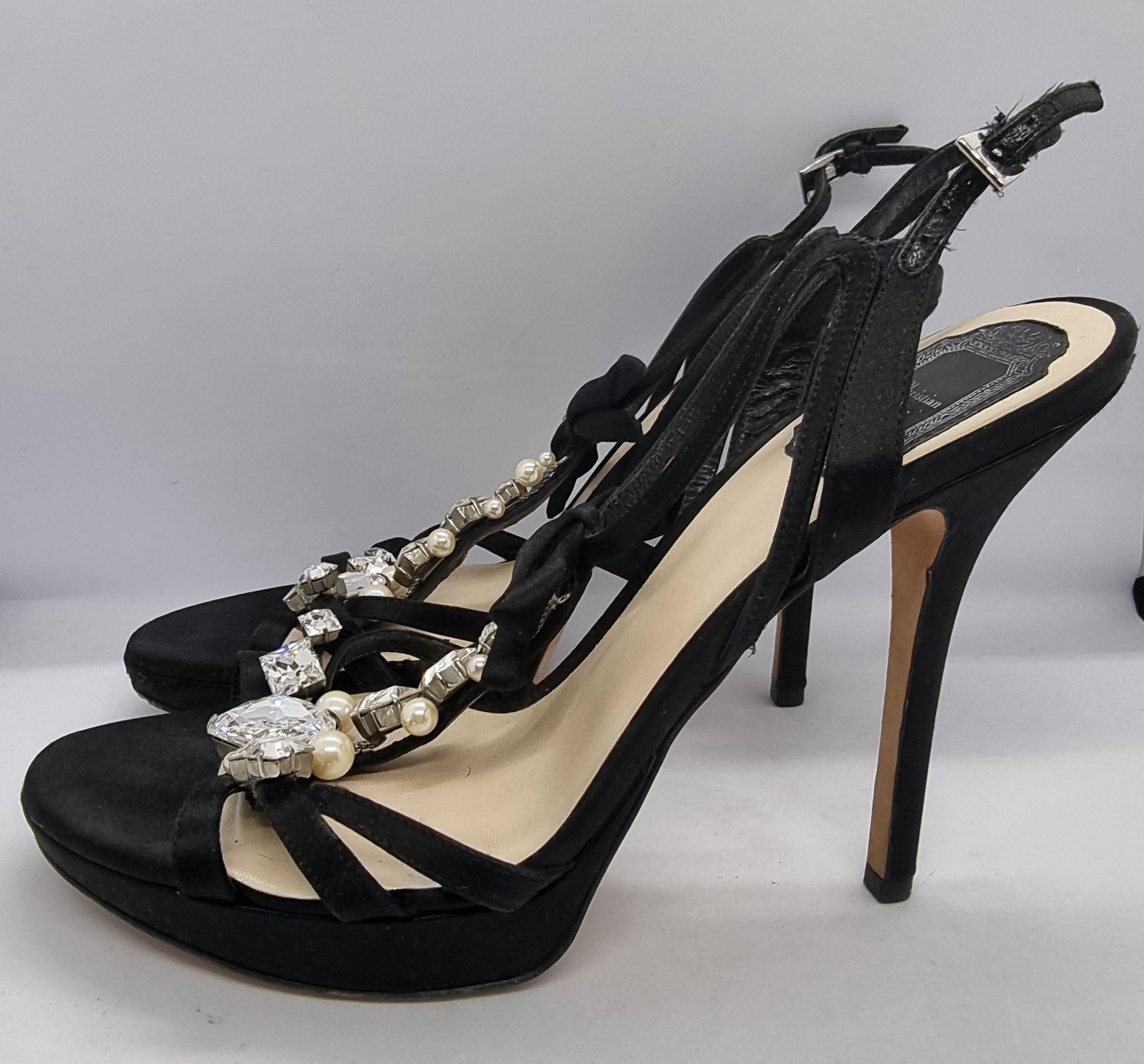 Preowned Dior Crystal Embellished Black Satin Sandals Size 39