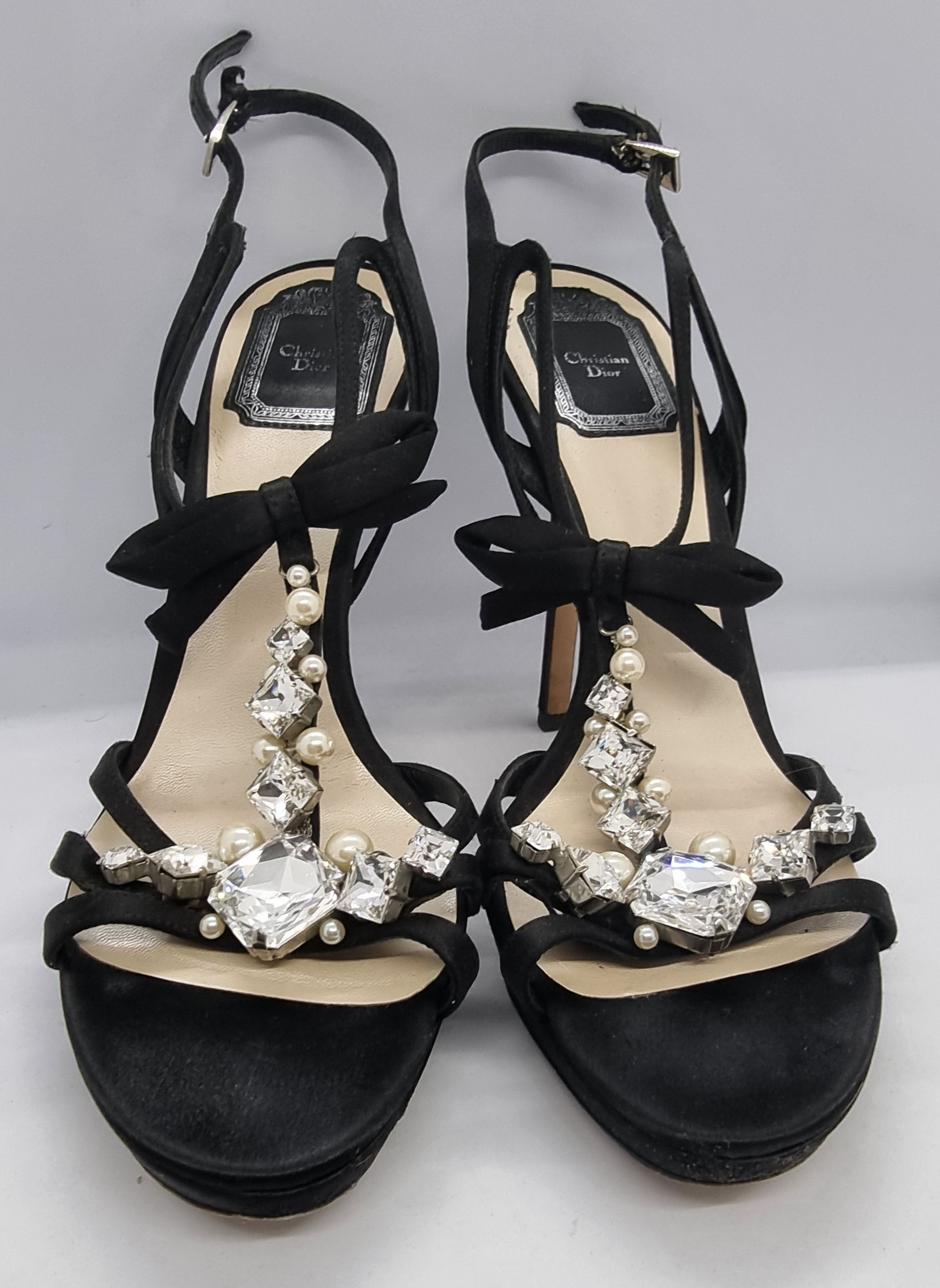 Preowned Dior Crystal Embellished Black Satin Sandals Size 39