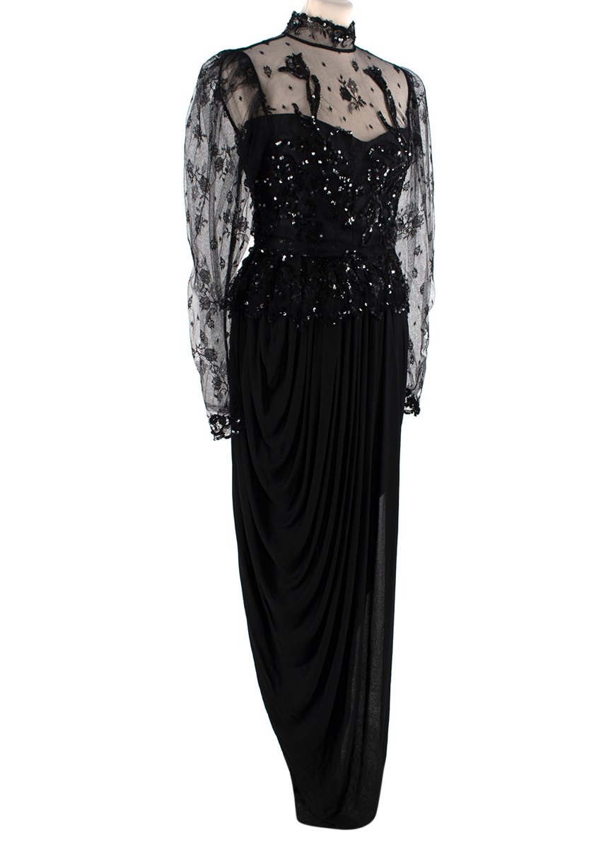 Vicky Tiel Vintage Black Lace  Draped Jersey Evening Gown Size M