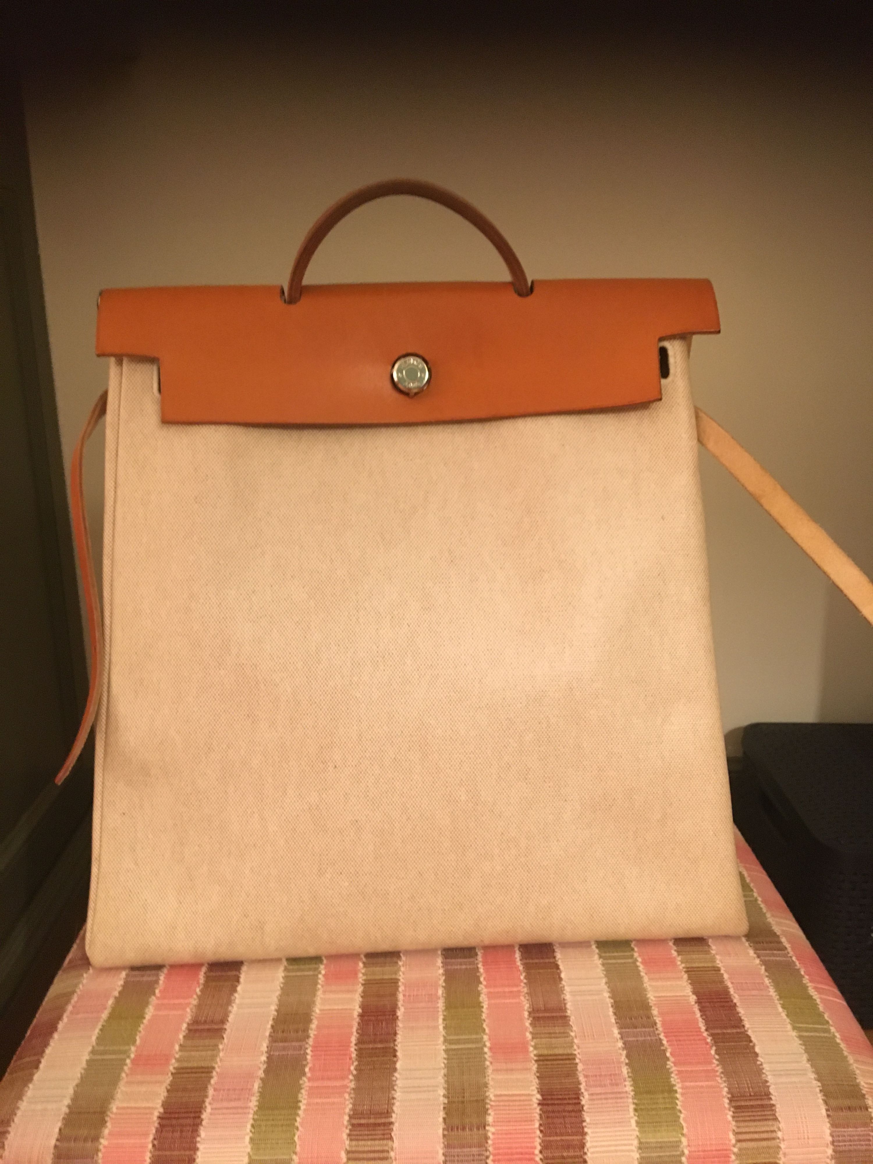 Preowned Hermes Vintage Tan  leather  canvas Herbag Size L beige