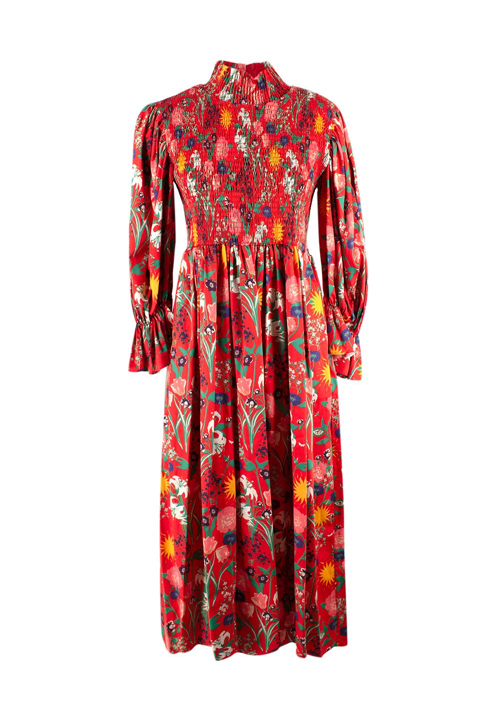 Borgo De Nor Red Floral Shirred Catriona Midi Dress Size S cotton