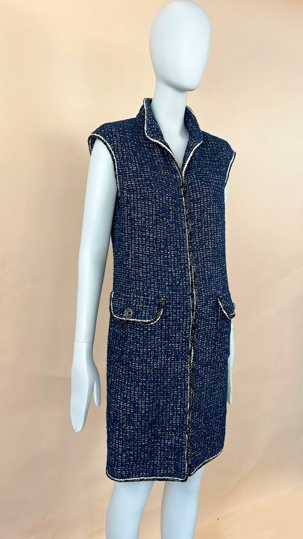 Chanel Blue Tweed Longline Vest Size S