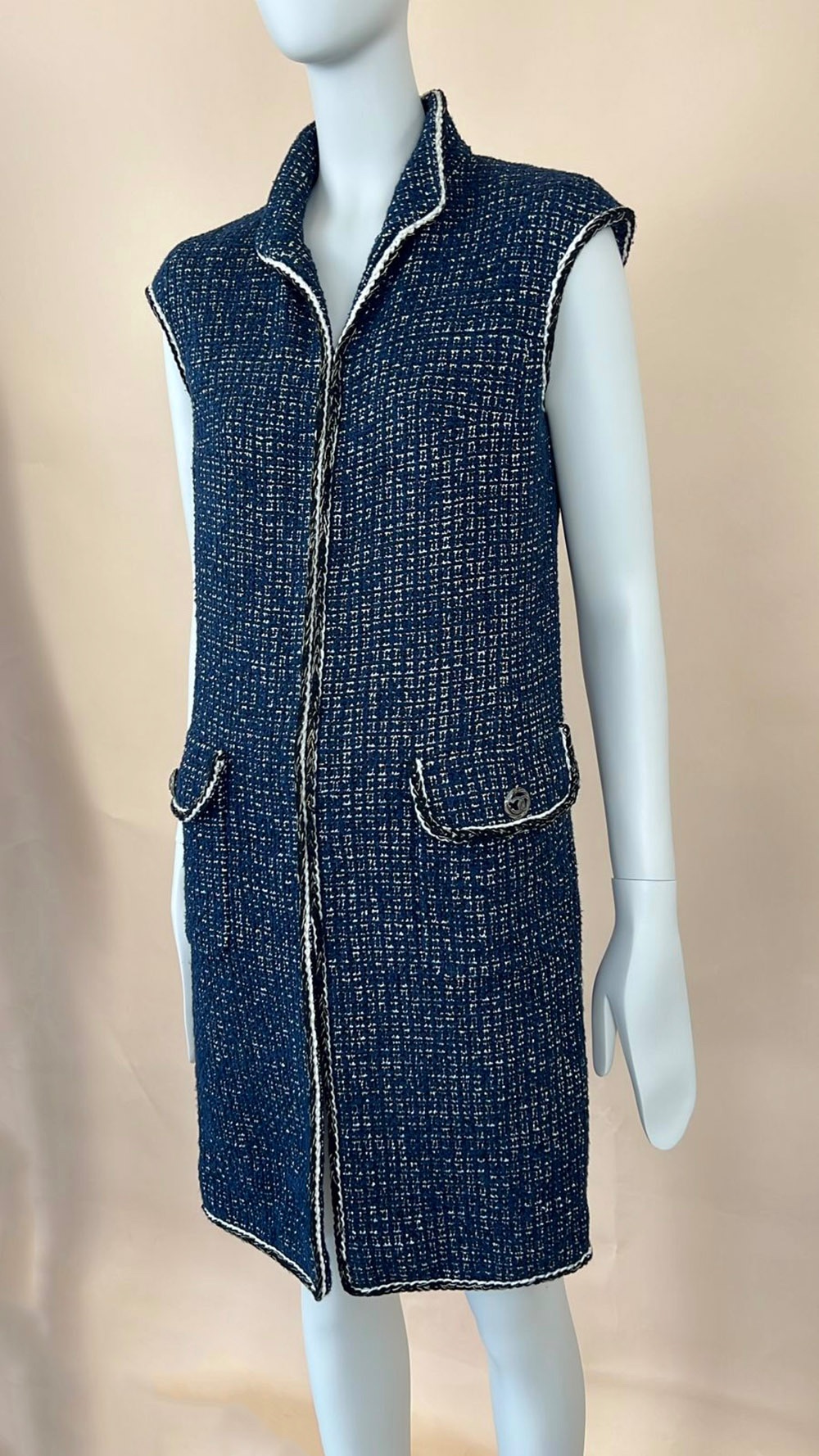 Chanel Blue Tweed Longline Vest Size S