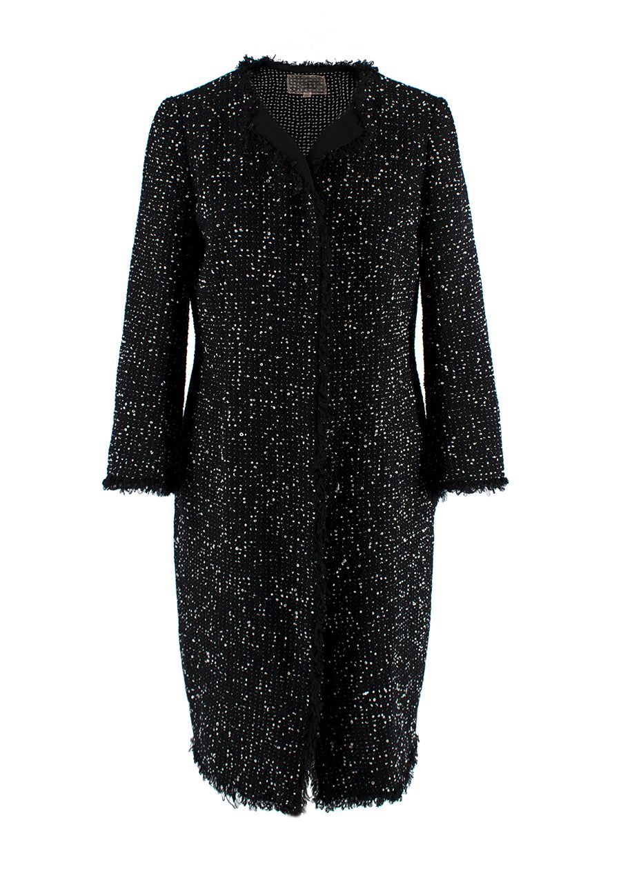 Preowned Giambattista Valli Dotted and Fringed Detailed Coat Size M Black and White polyester