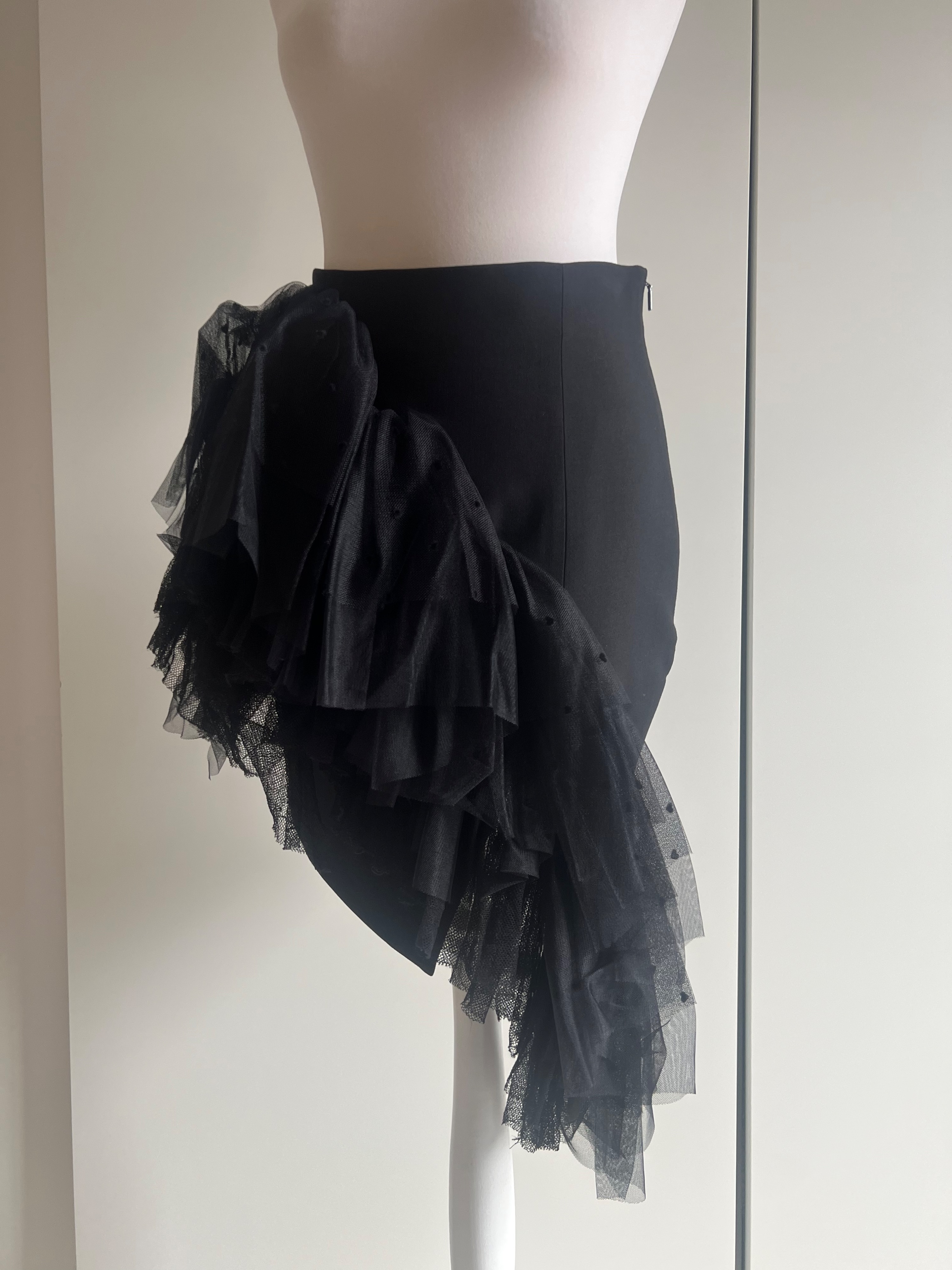 Saint Laurent Asymmetric Tulle  Wool Mini Skirt Size M Black