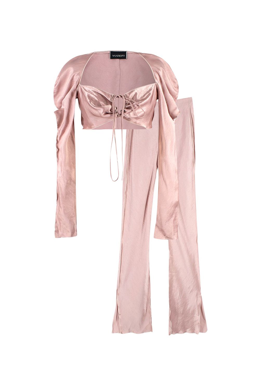 Yuzefi Pink Silk Blend Crop Top and Flared Trousers Set Size XS Dusty Pink