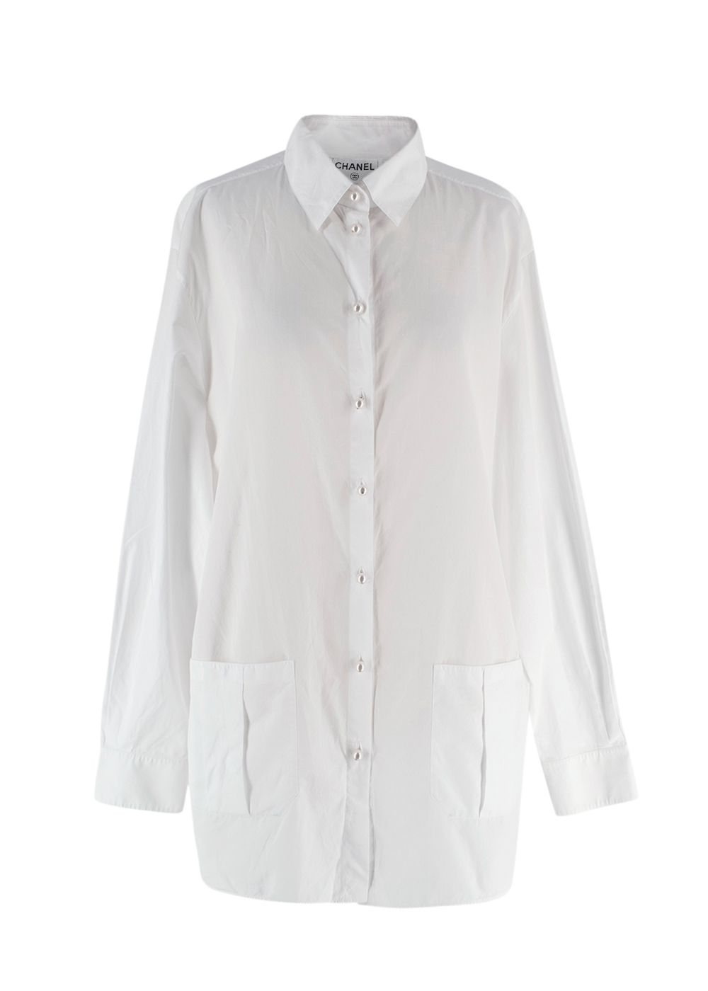 Chanel White Shirt with Faux Pearl Button Detail Size L cotton