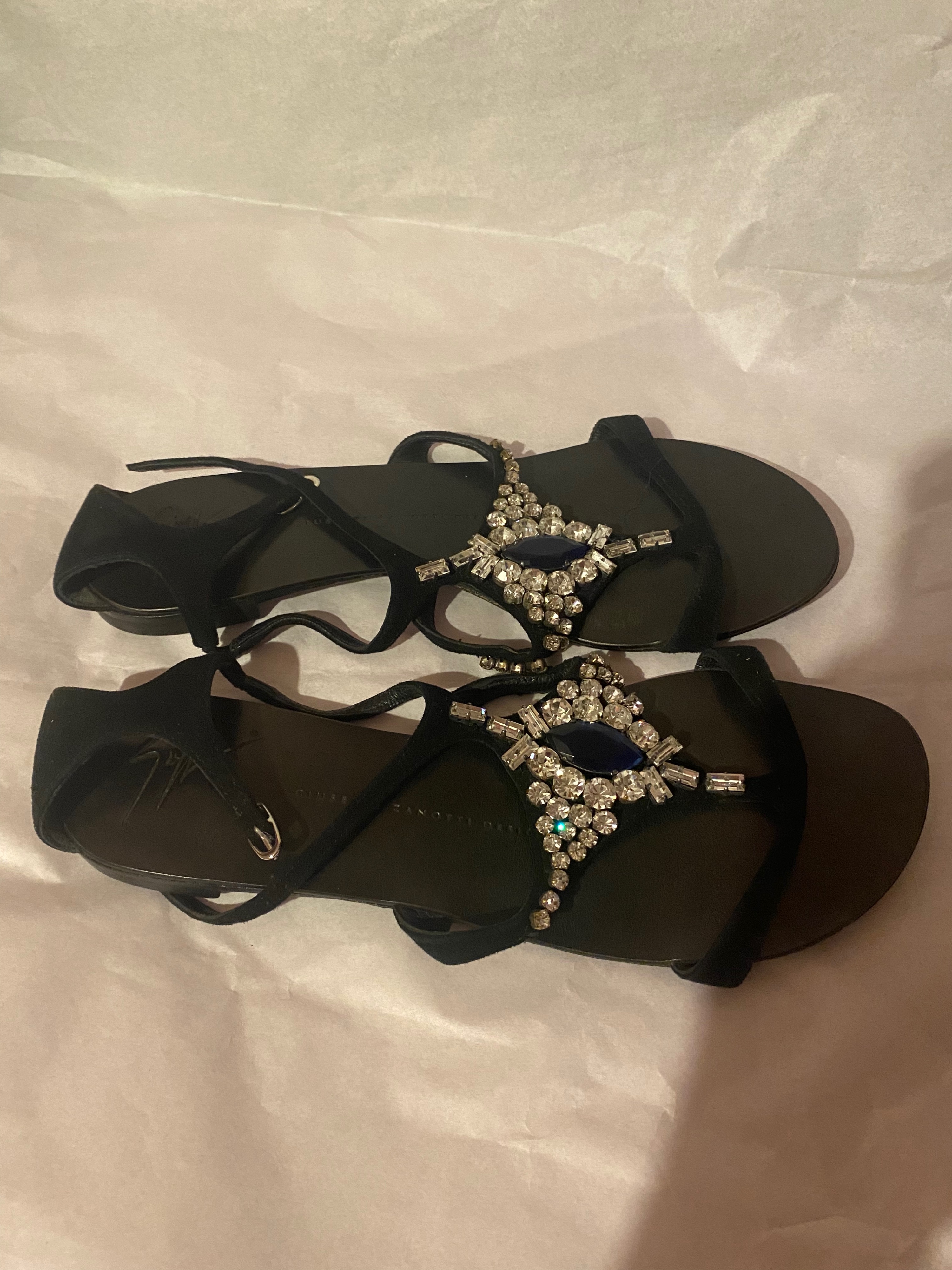 Preowned Giuseppe Zanotti Black suede crystal embellished flat sandals Size 37