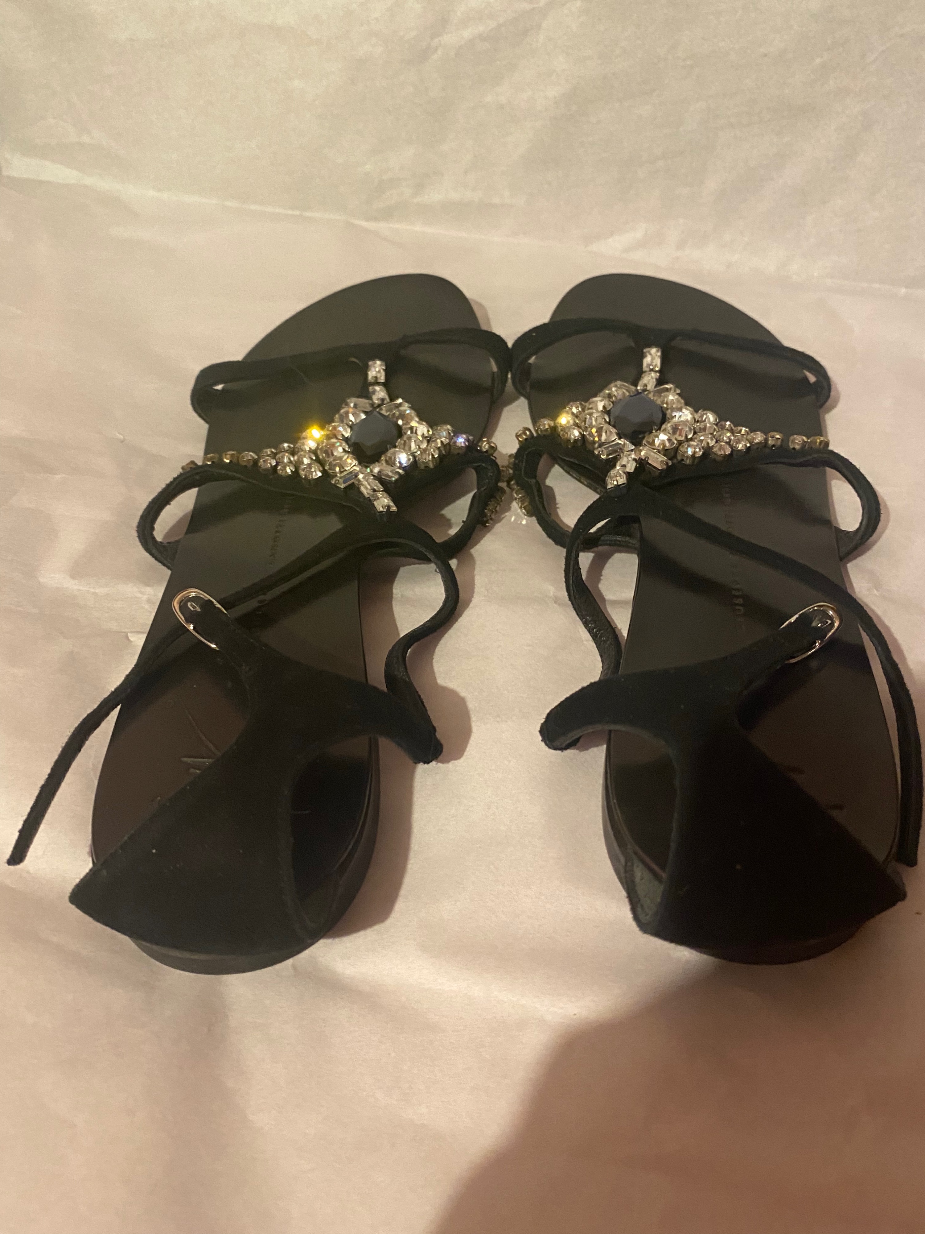 Preowned Giuseppe Zanotti Black suede crystal embellished flat sandals Size 37