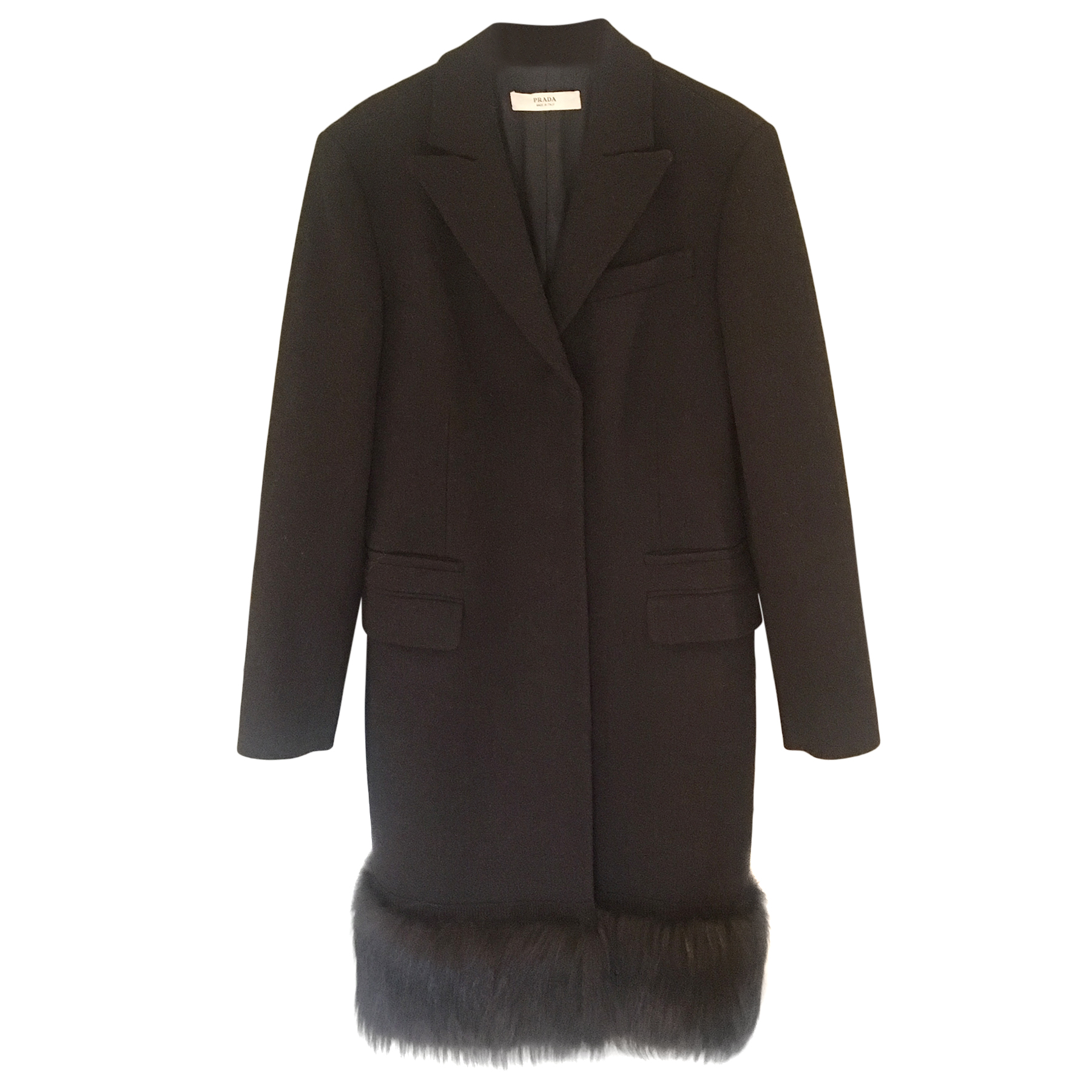 Preowned Prada black wool coat with fox fur trim Size XS