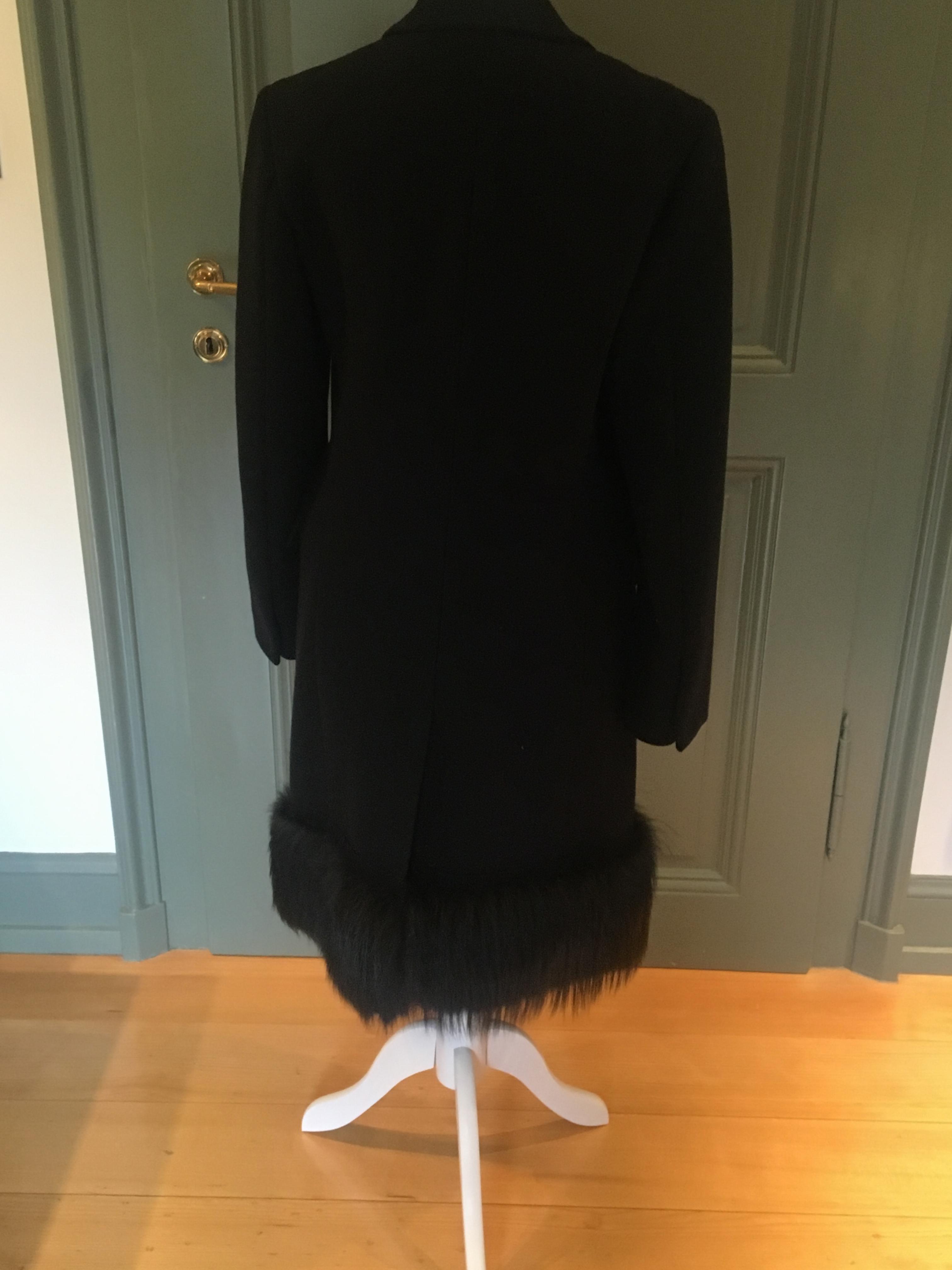 Preowned Prada black wool coat with fox fur trim Size XS