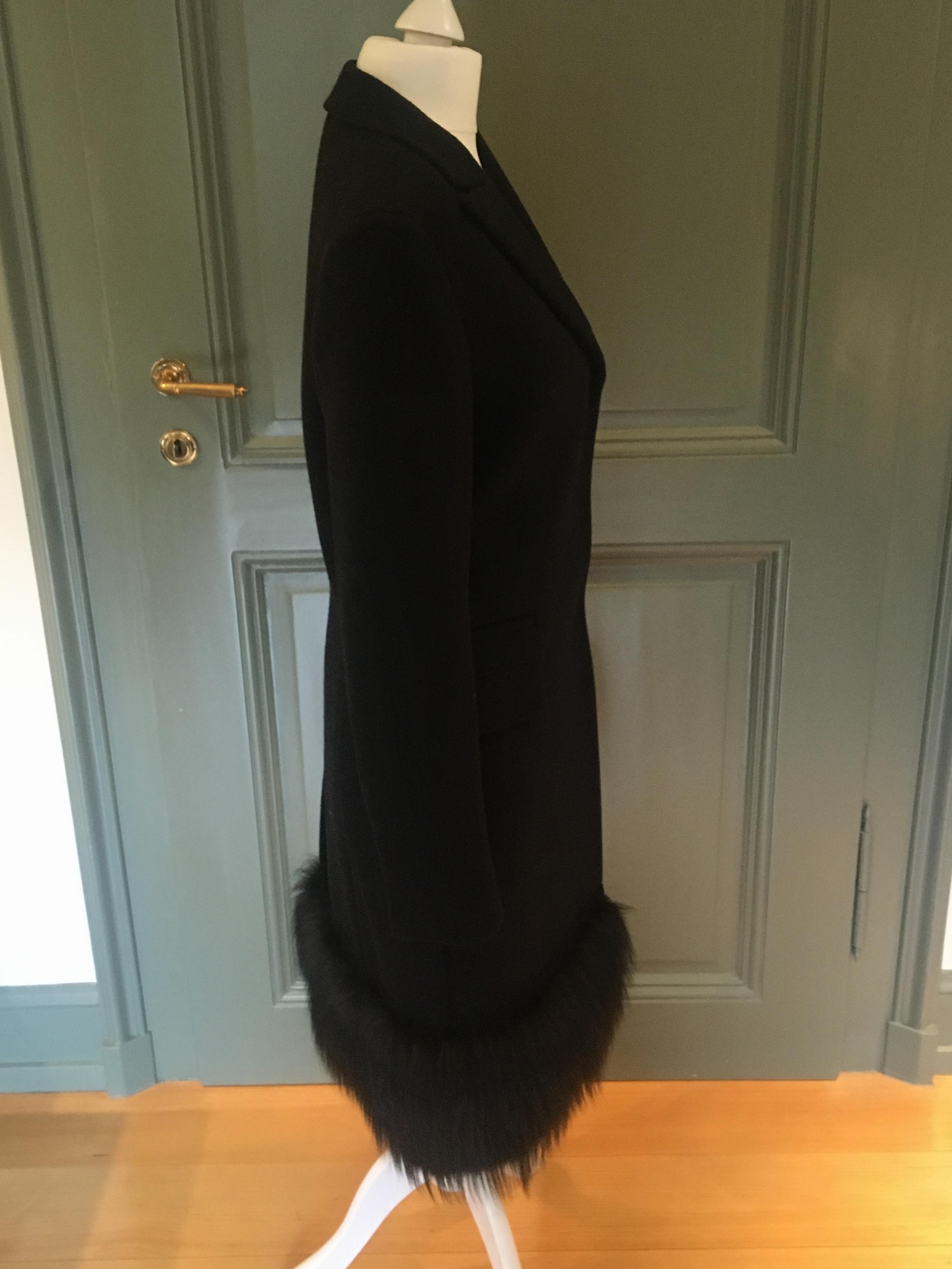 Preowned Prada black wool coat with fox fur trim Size XS