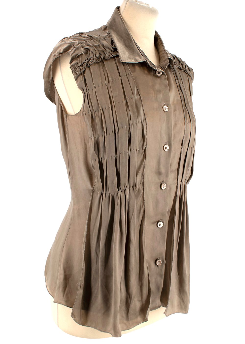 Preowned Prada Pleated Silk Sleeveless Top Size XXS Brown