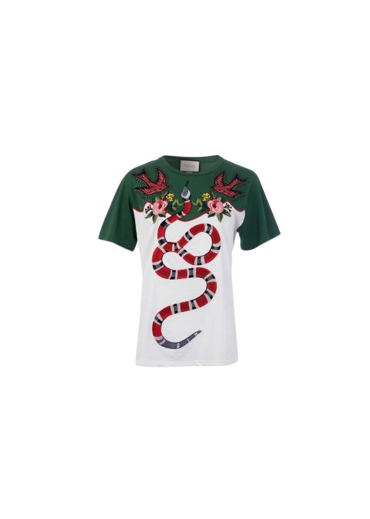 Gucci White  Green Embroidered Snake T-shirt Size XS