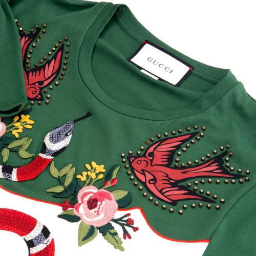 Gucci White  Green Embroidered Snake T-shirt Size XS