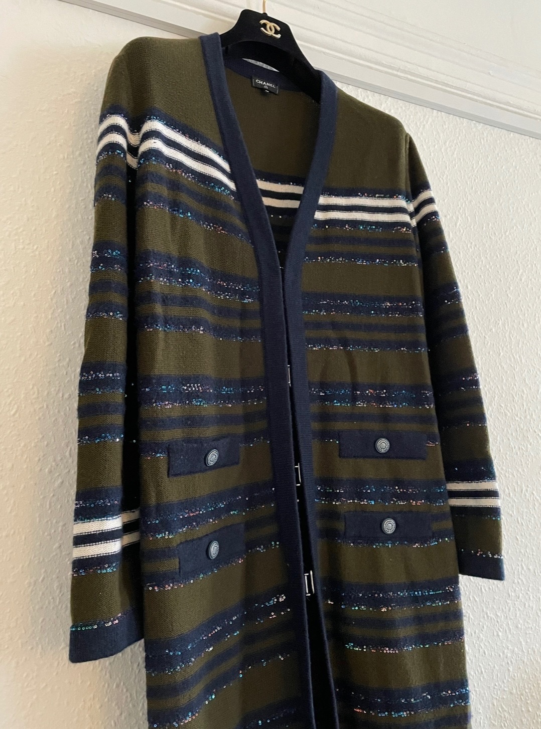 Preowned Chanel Khaki Striped Cashmere Cardigan Size L Green blue