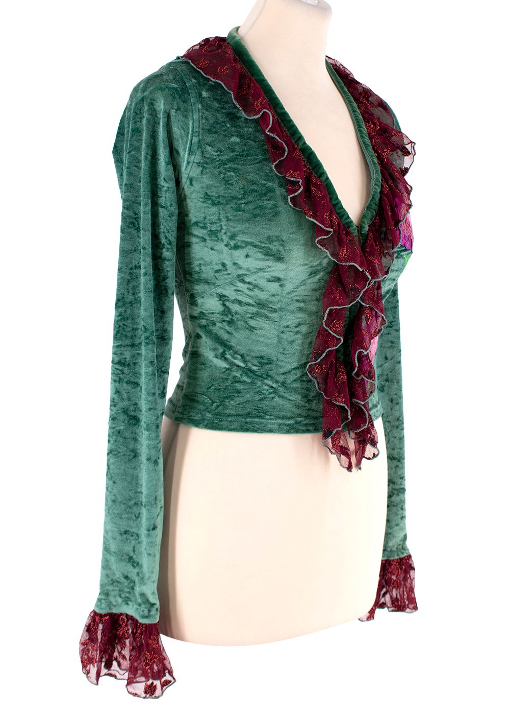 Voyage Passion vintage green crushed velvet ruffle front top Size S