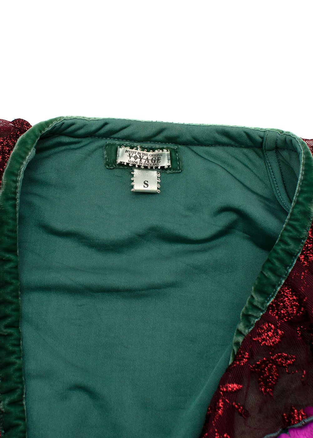 Voyage Passion vintage green crushed velvet ruffle front top Size S