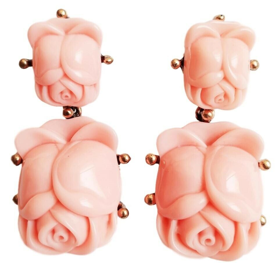 Oscar De La Renta large  pink resin rose earrings Gold gold plated