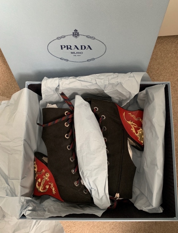 Preowned Prada Black Suede Lace-Up Boots with Red Embellished Wedge Size 375 Check