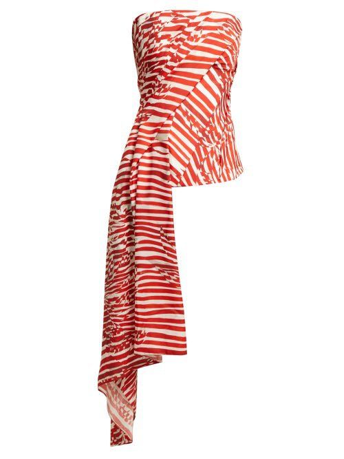 Preowned Halpern Draped Striped Faille Bustier Top Size M Red polyamide