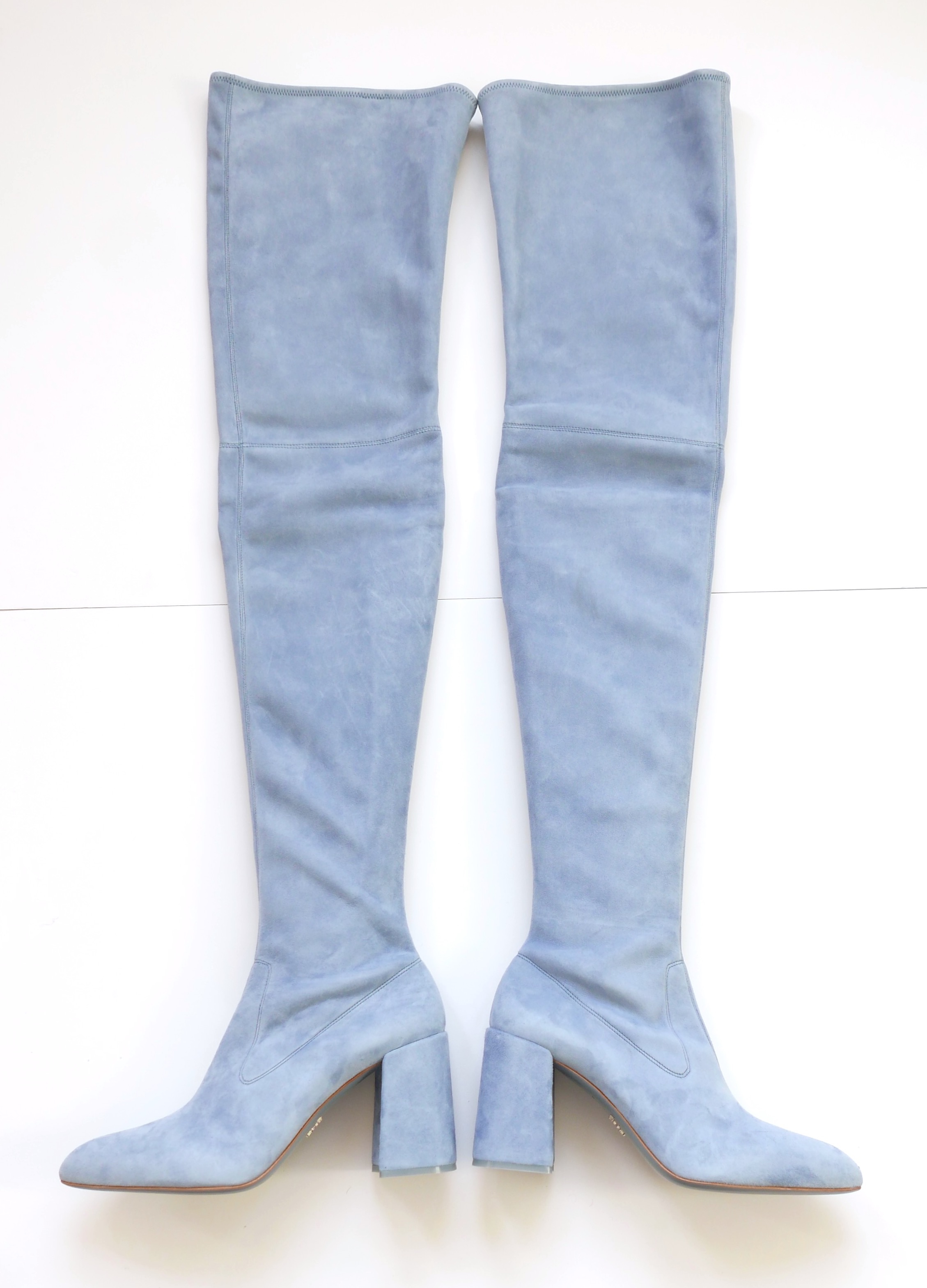 Prada Pale Blue OTK Stretch Heeled Boots Size 385 suede