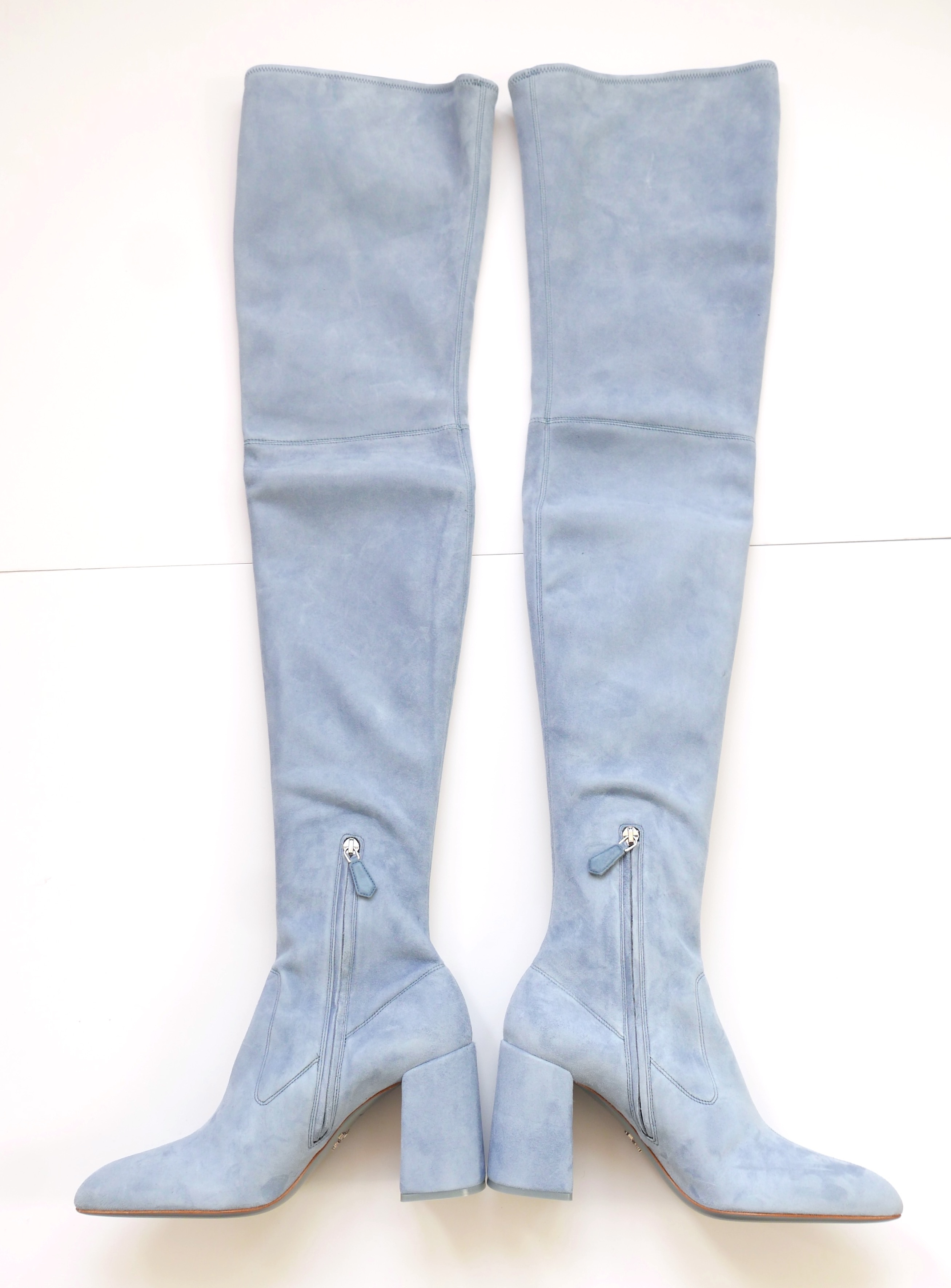 Prada Pale Blue OTK Stretch Heeled Boots Size 385 suede