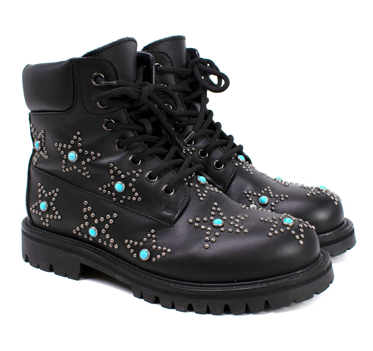 Preowned Valentino Starstudded Leather Ankle Boots Size 36 black teal leather/metal