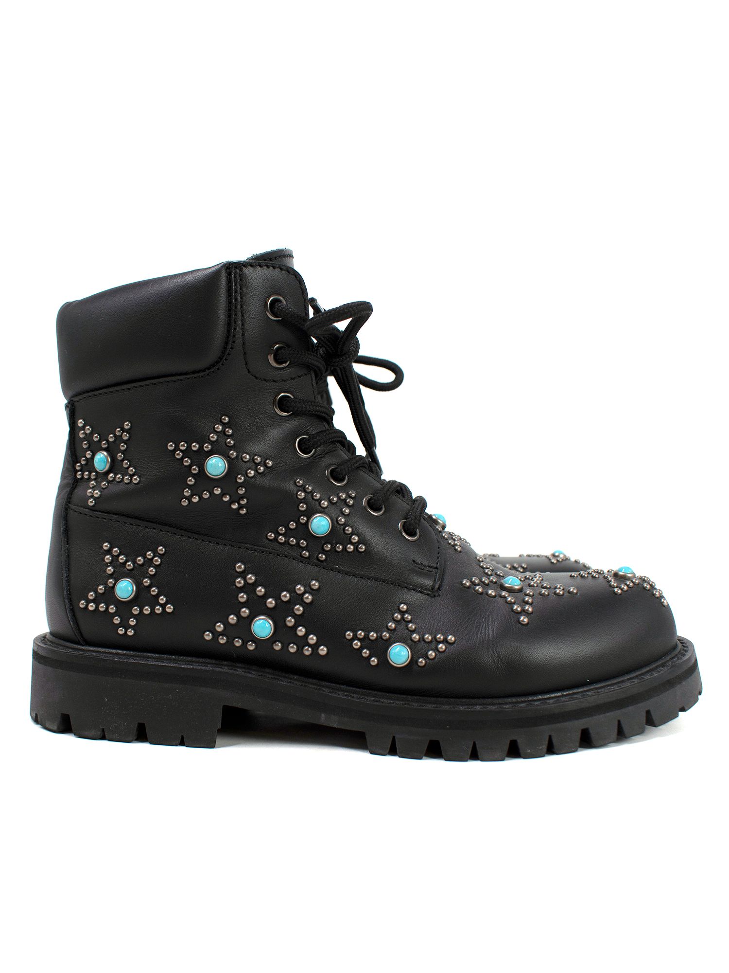 Preowned Valentino Starstudded Leather Ankle Boots Size 36 black teal leather/metal