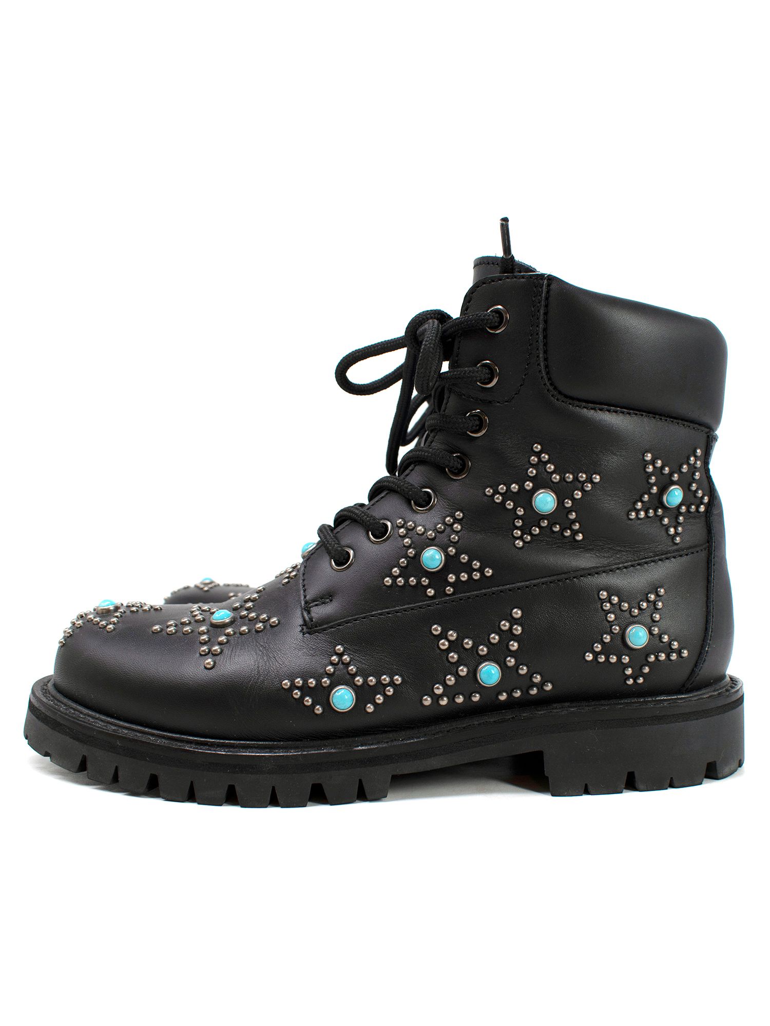 Preowned Valentino Starstudded Leather Ankle Boots Size 36 black teal leather/metal