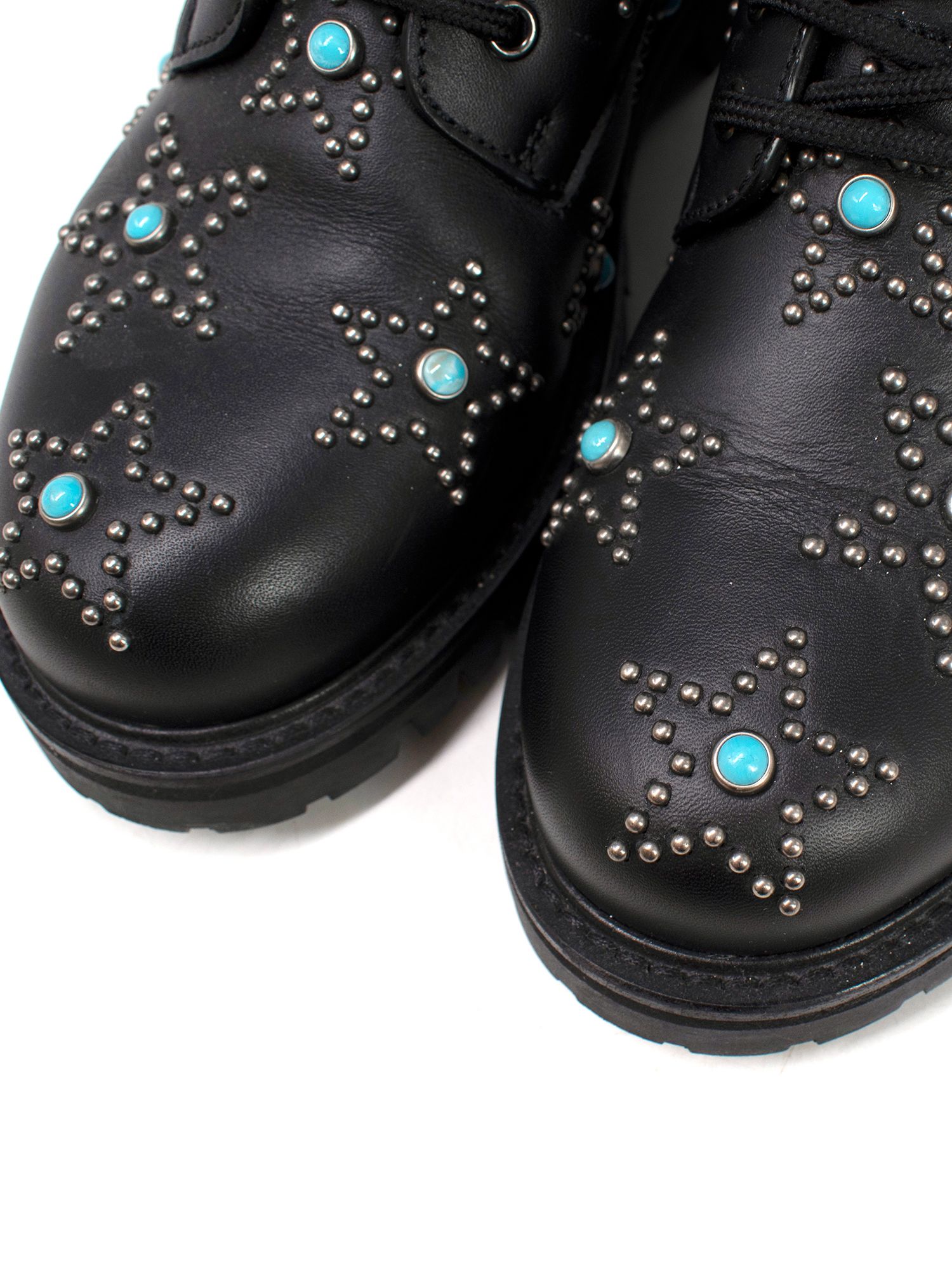 Preowned Valentino Starstudded Leather Ankle Boots Size 36 black teal leather/metal