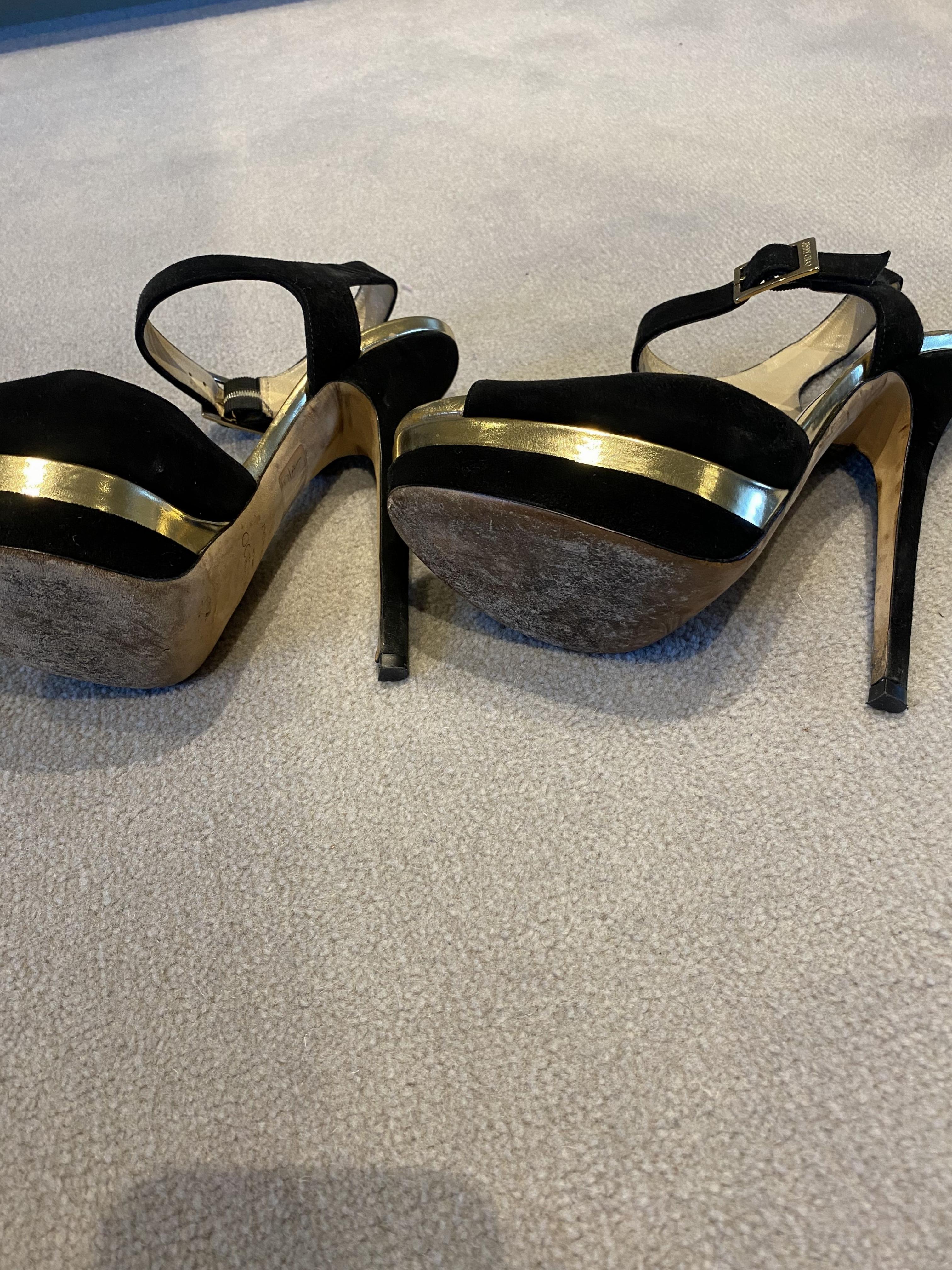 Preowned Jimmy Choo black  gold suede platform sandals Size 38 leather