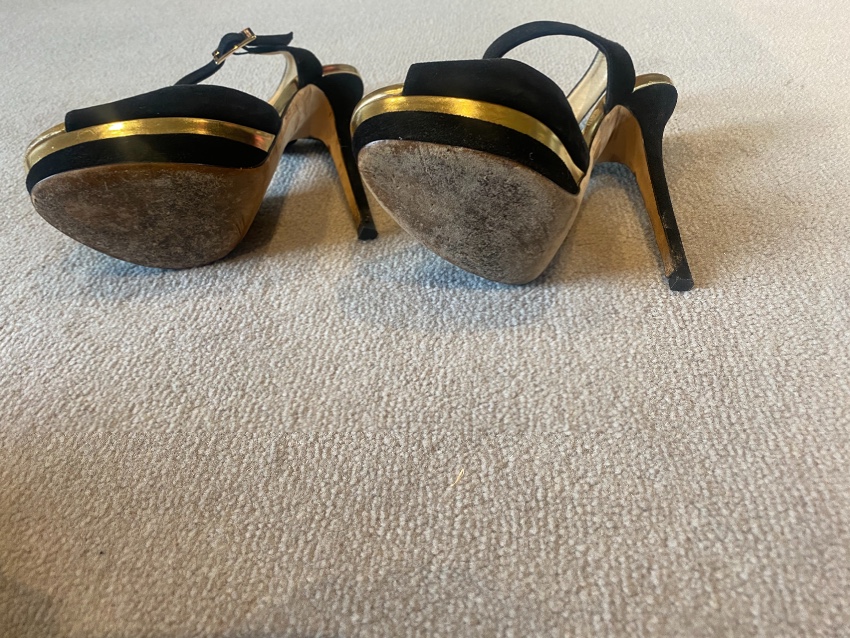 Preowned Jimmy Choo black  gold suede platform sandals Size 38 leather