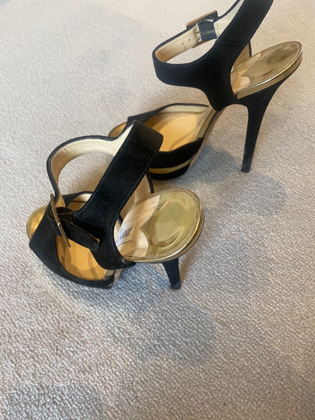 Preowned Jimmy Choo black  gold suede platform sandals Size 38 leather