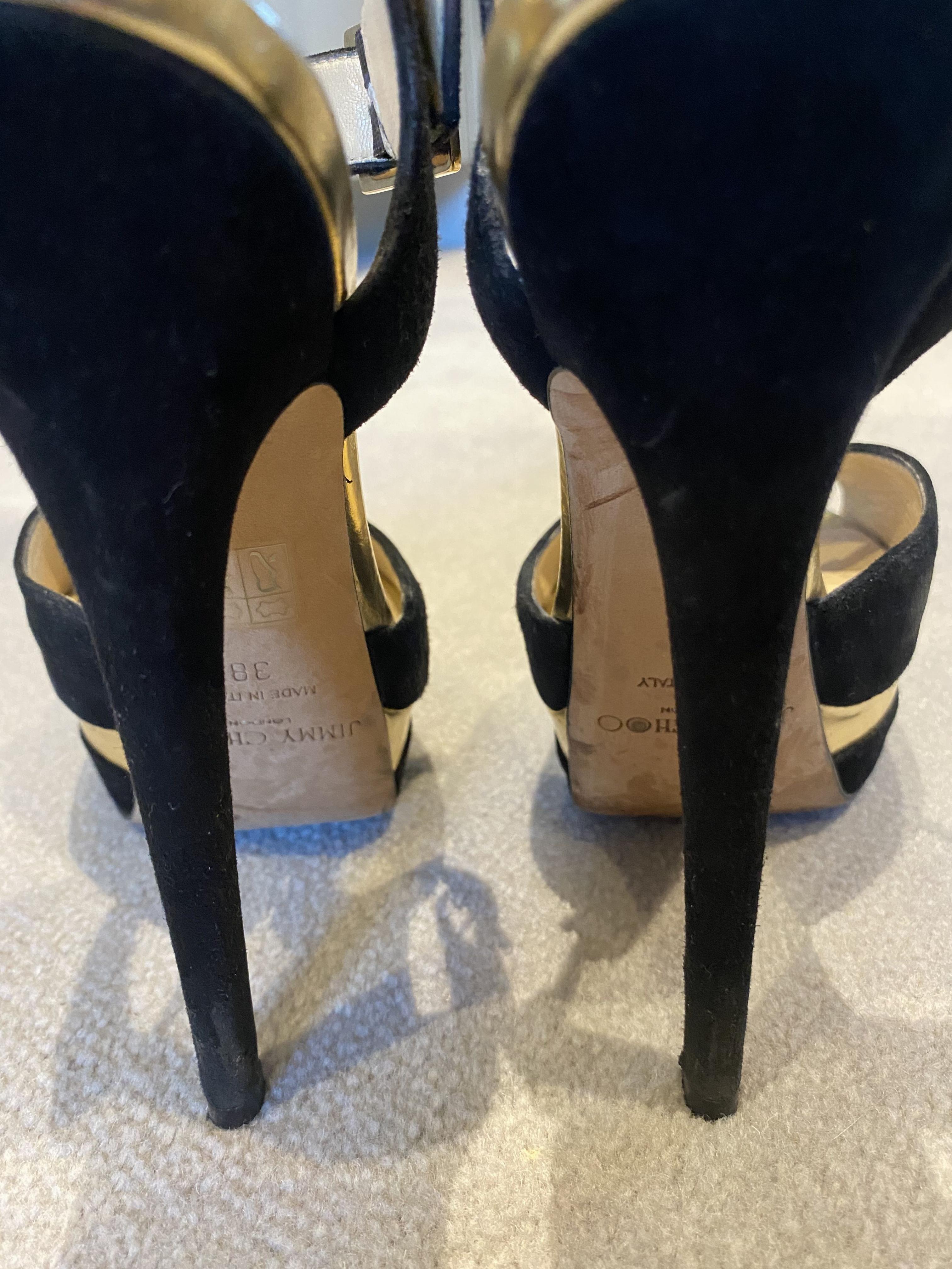 Preowned Jimmy Choo black  gold suede platform sandals Size 38 leather