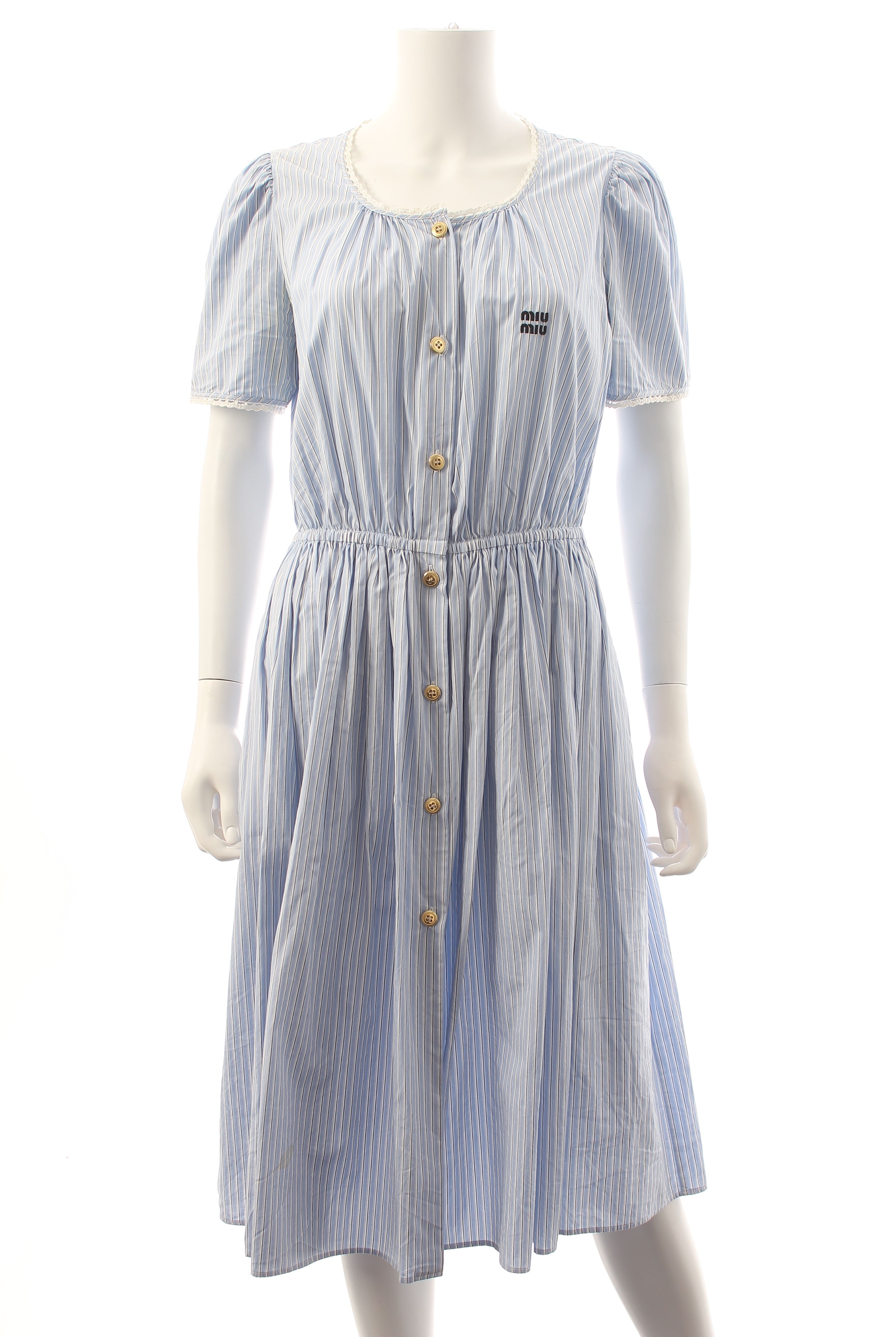 Preowned Miu Miu Blue Chambray Striped Midi Dress Size M cotton