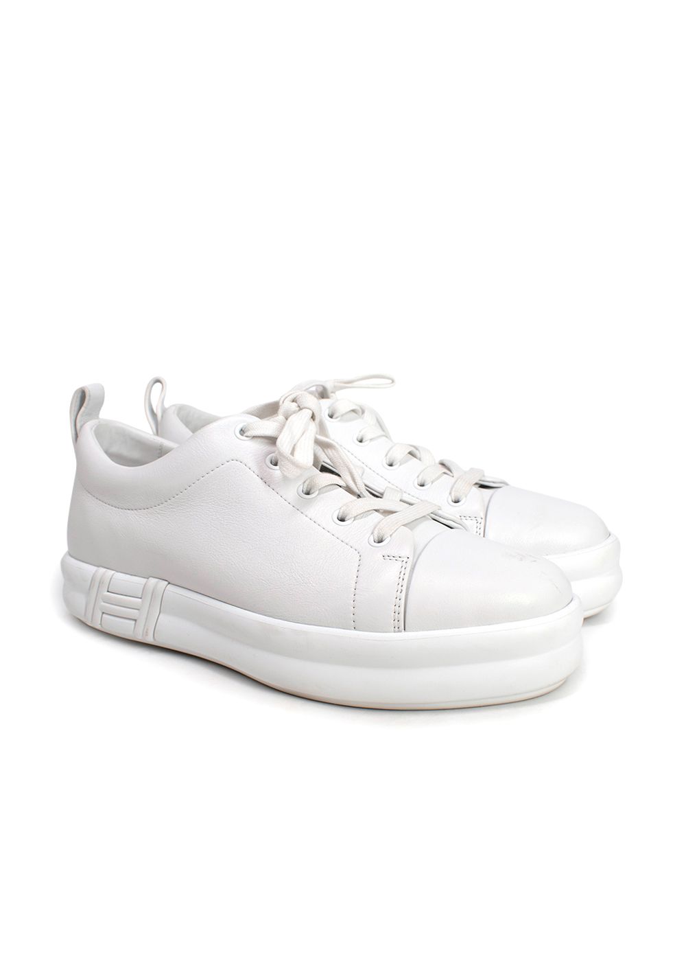 Preowned Hermes White Leather Happy  Sneakers Size 405