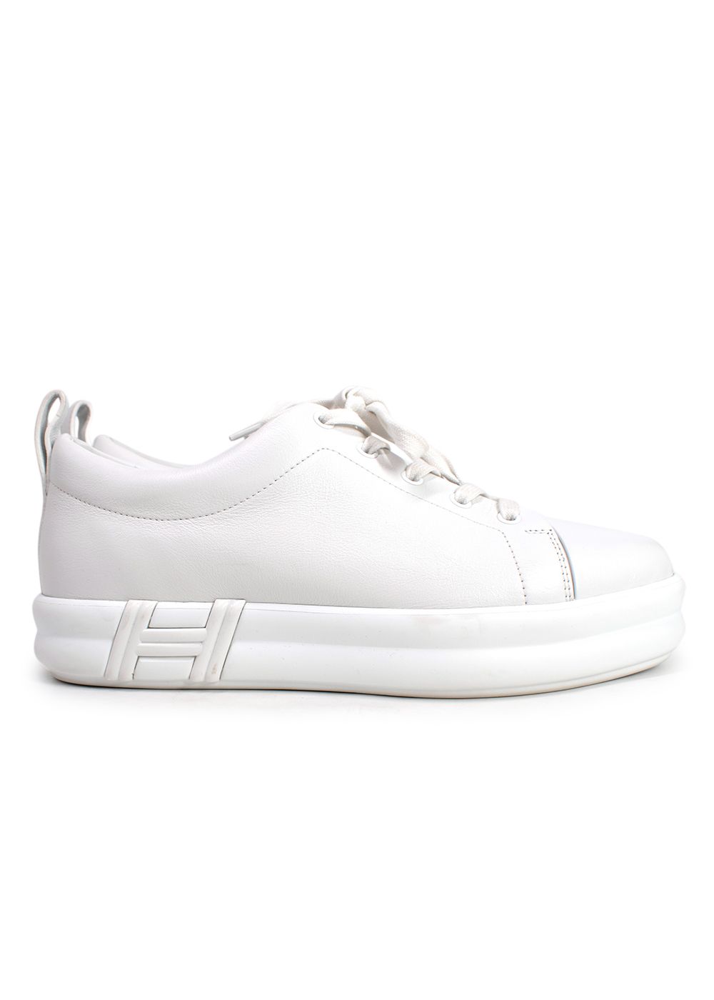 Preowned Hermes White Leather Happy  Sneakers Size 405