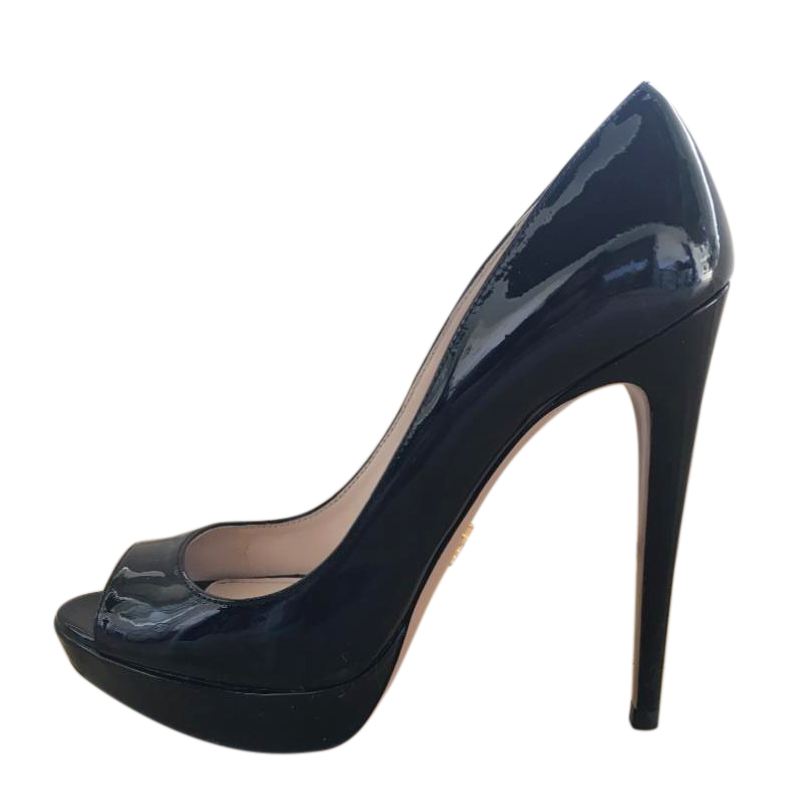 Preowned Prada Black Patent Leather Peep-Toe Pumps Size 37