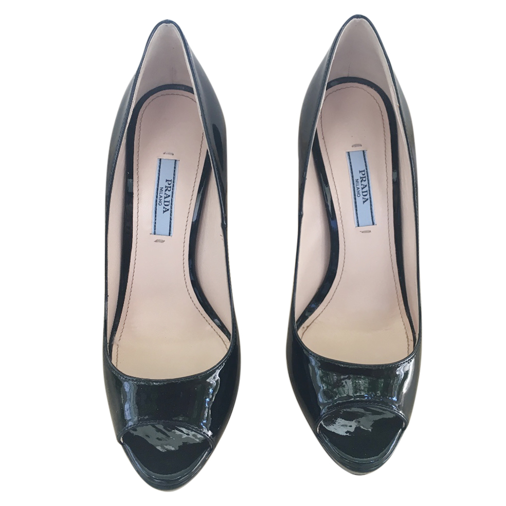 Preowned Prada Black Patent Leather Peep-Toe Pumps Size 37